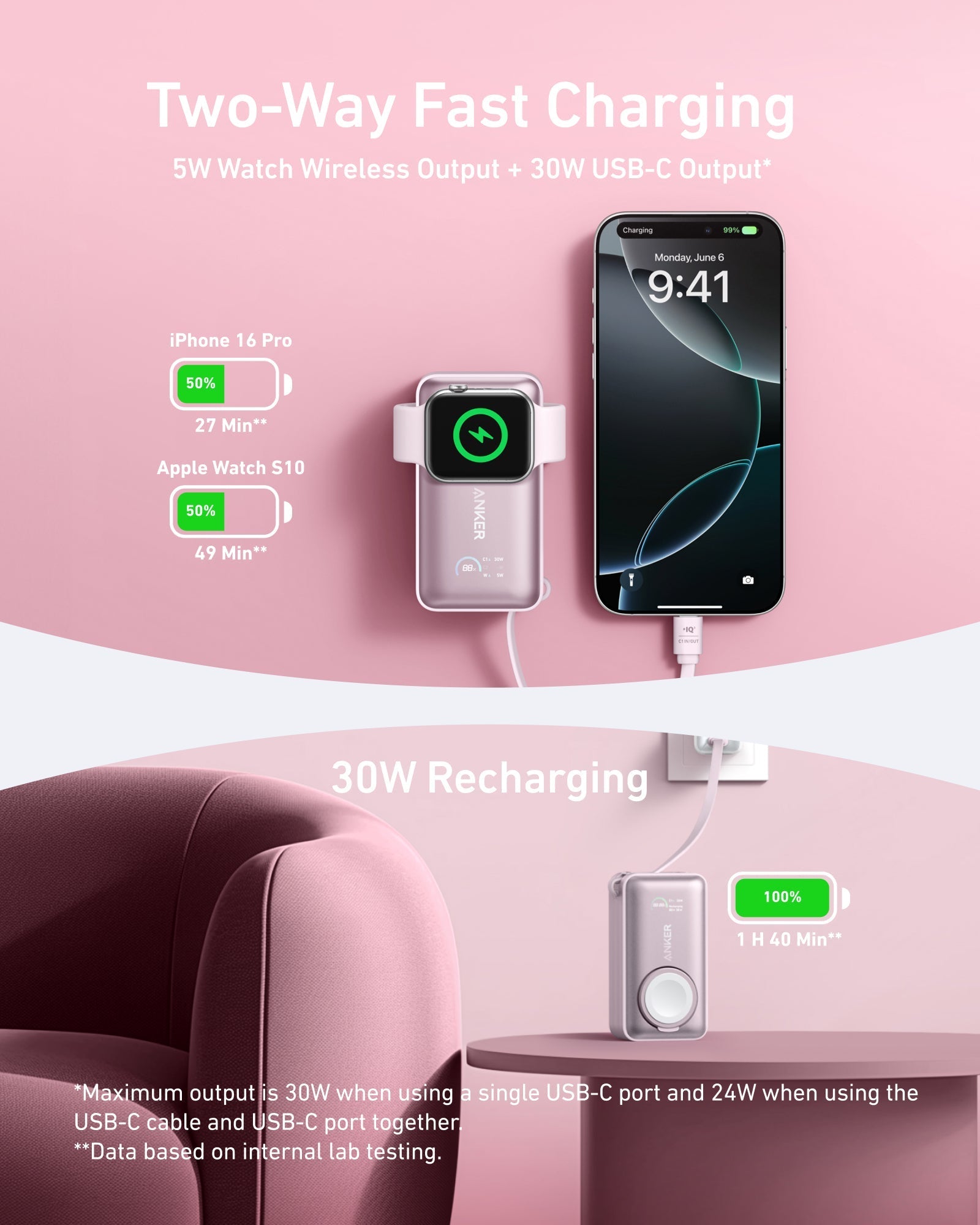 Anker charging device with iPhone and Apple Watch for two-way fast charging