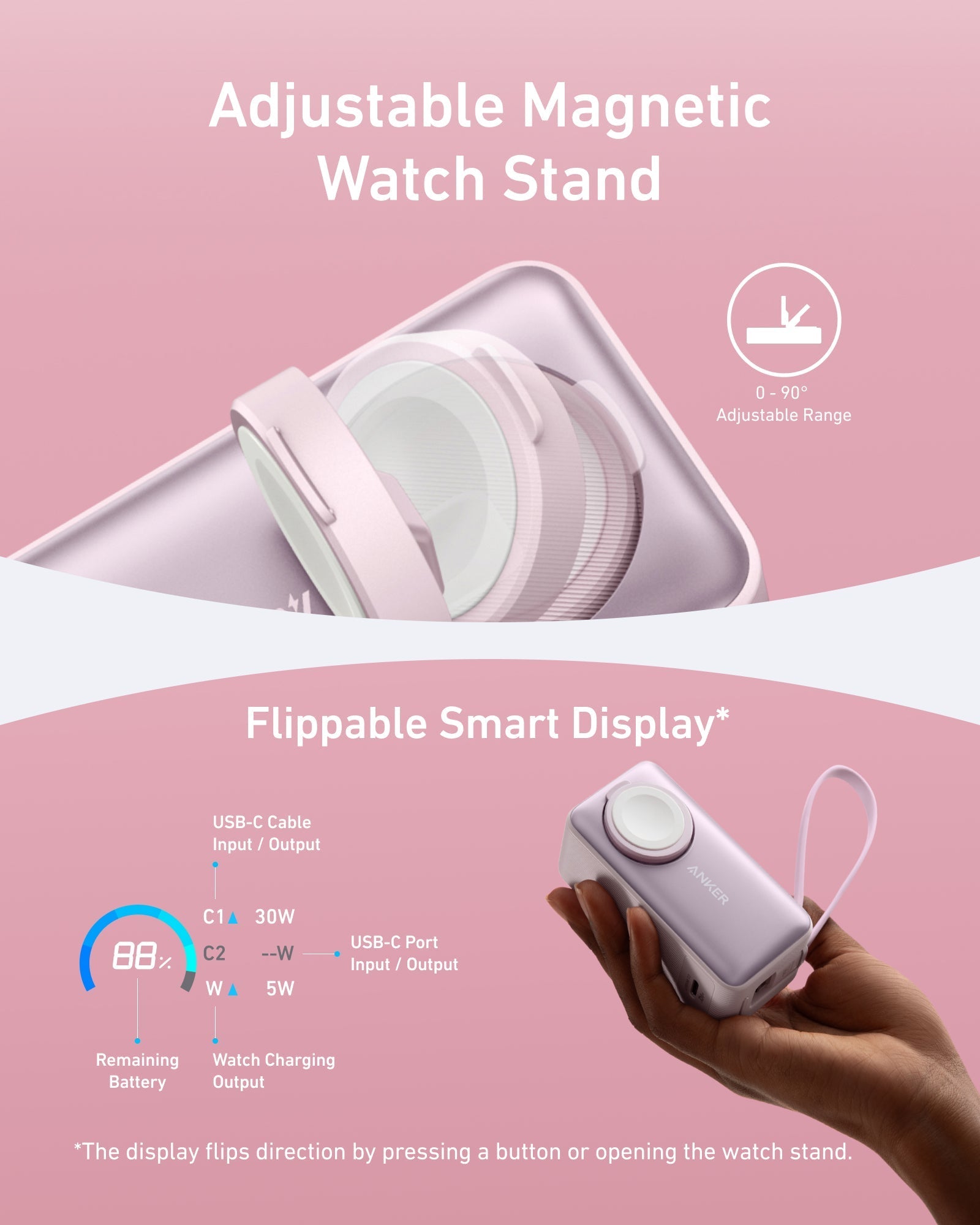 Anker with adjustable magnetic watch stand and flippable smart display