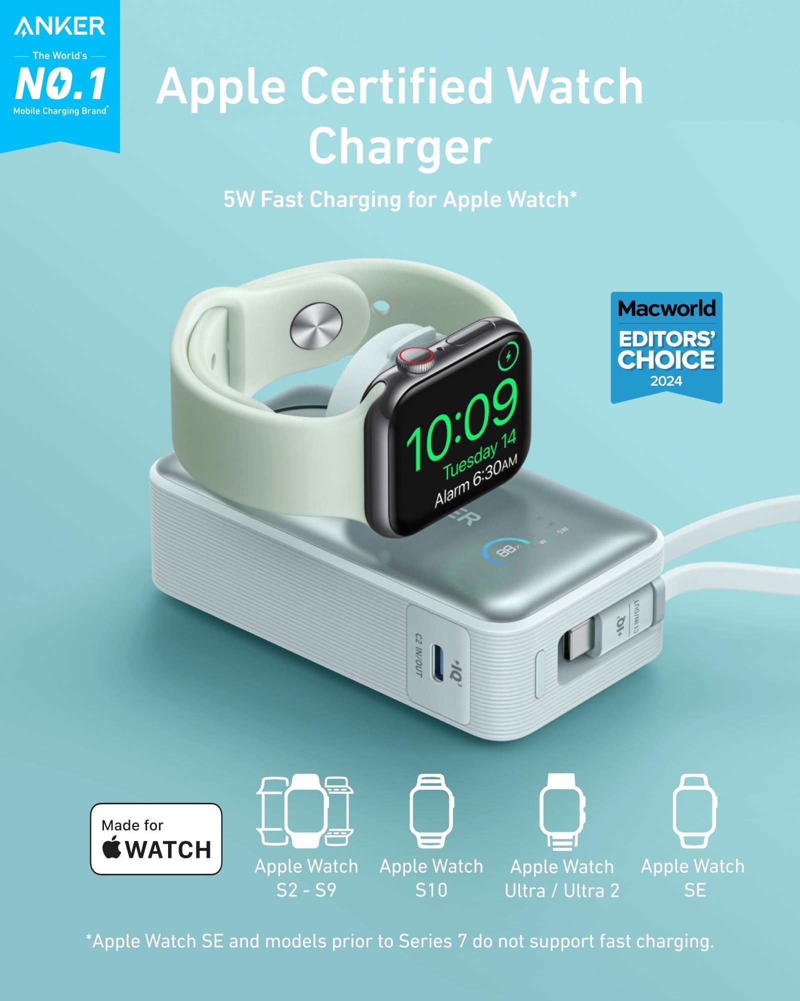 Anker charger with Apple Watch showing fast charging for Apple Watch