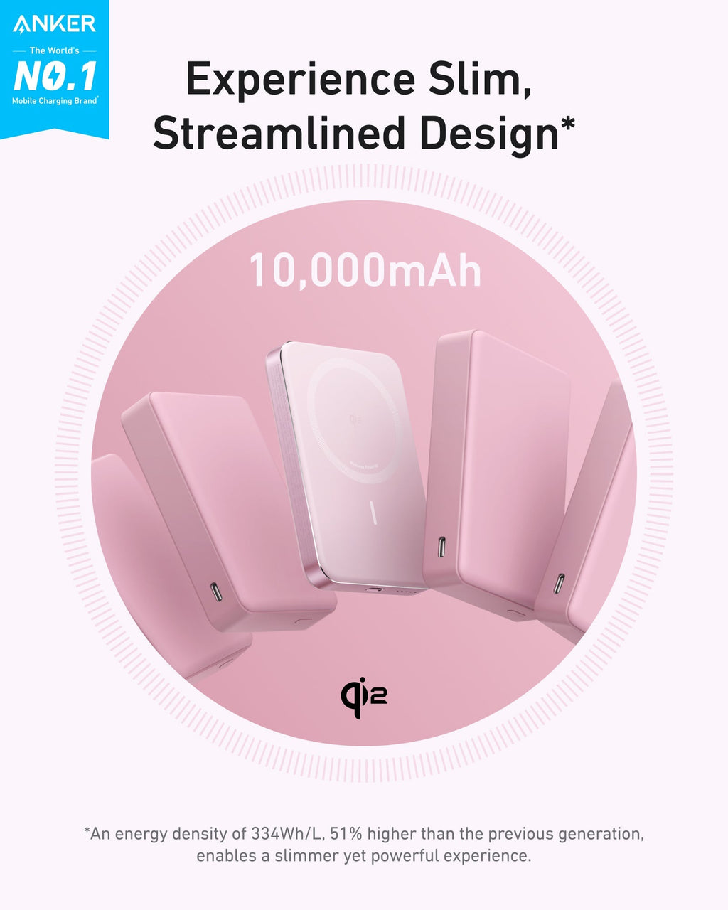 Anker pink power bank with 10,000mAh for slim streamlined Qi2 charging