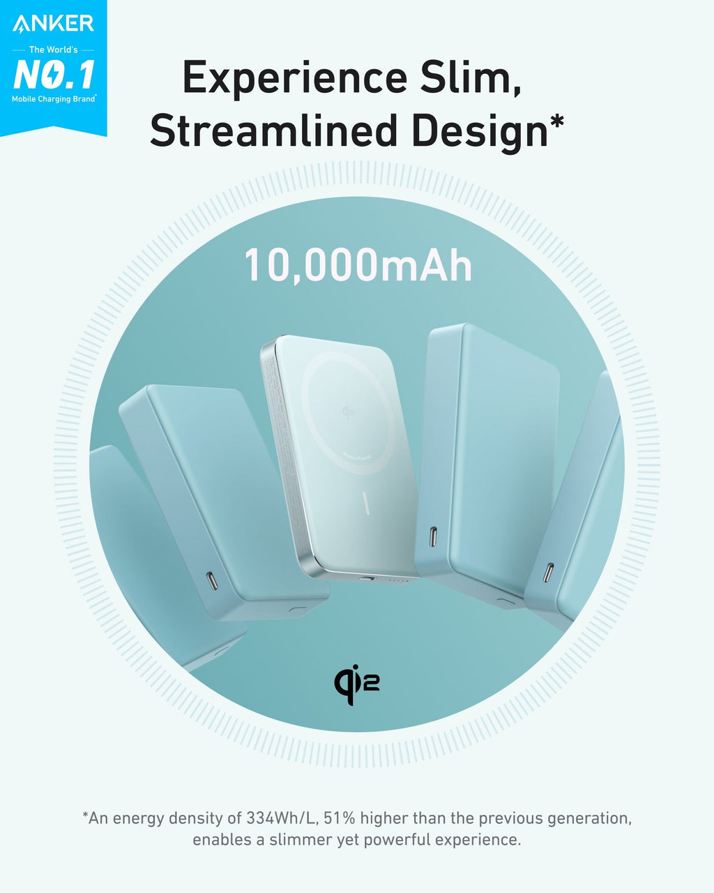 Anker power bank with streamlined Qi2 design for 10,000mAh.