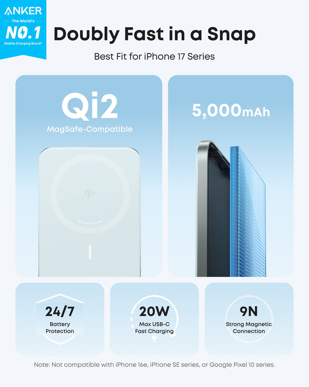 Anker Qi2 compatible power bank for iPhone 17 with fast USB-C charging