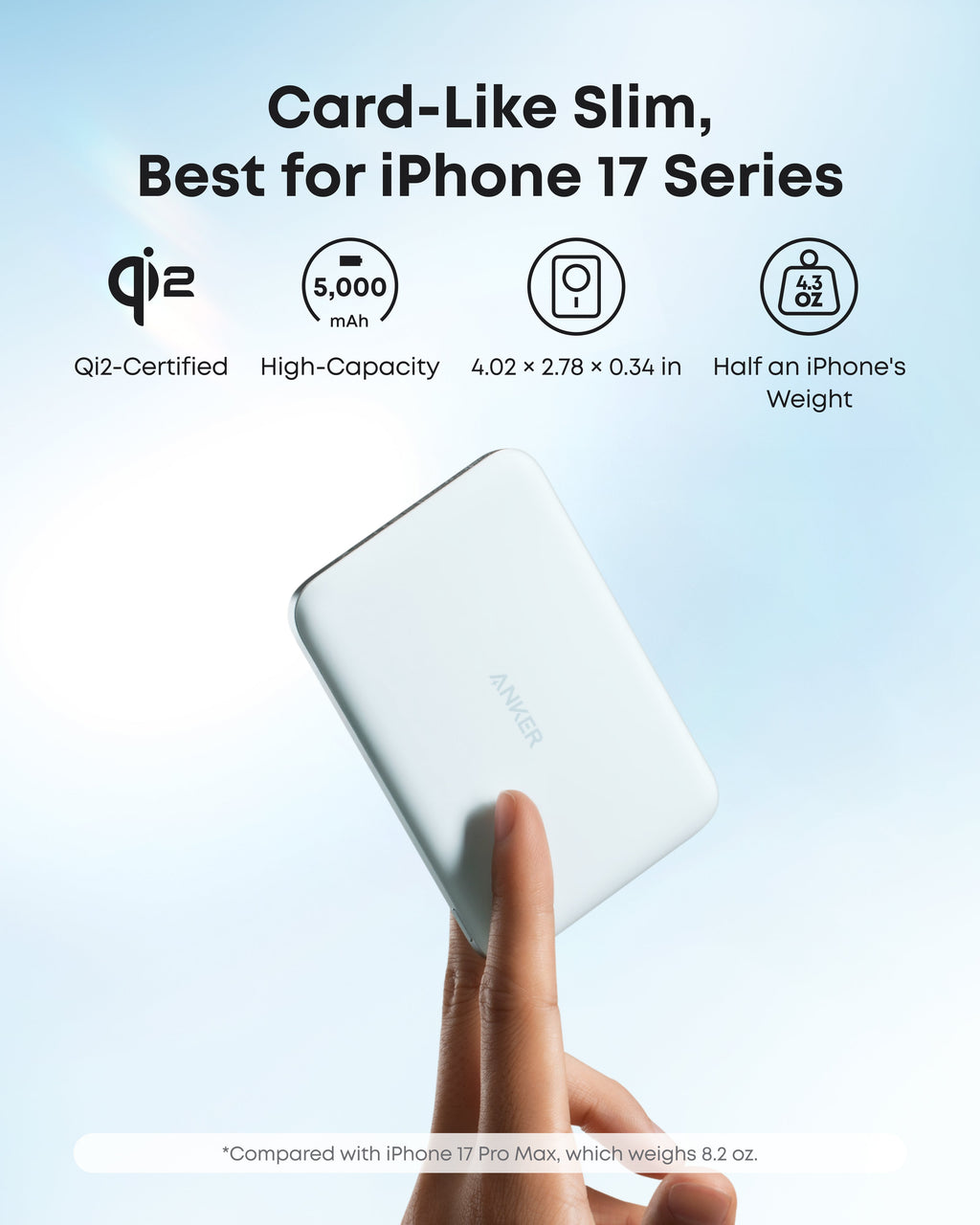 Anker card-like slim power bank with Qi2 for iPhone 17
