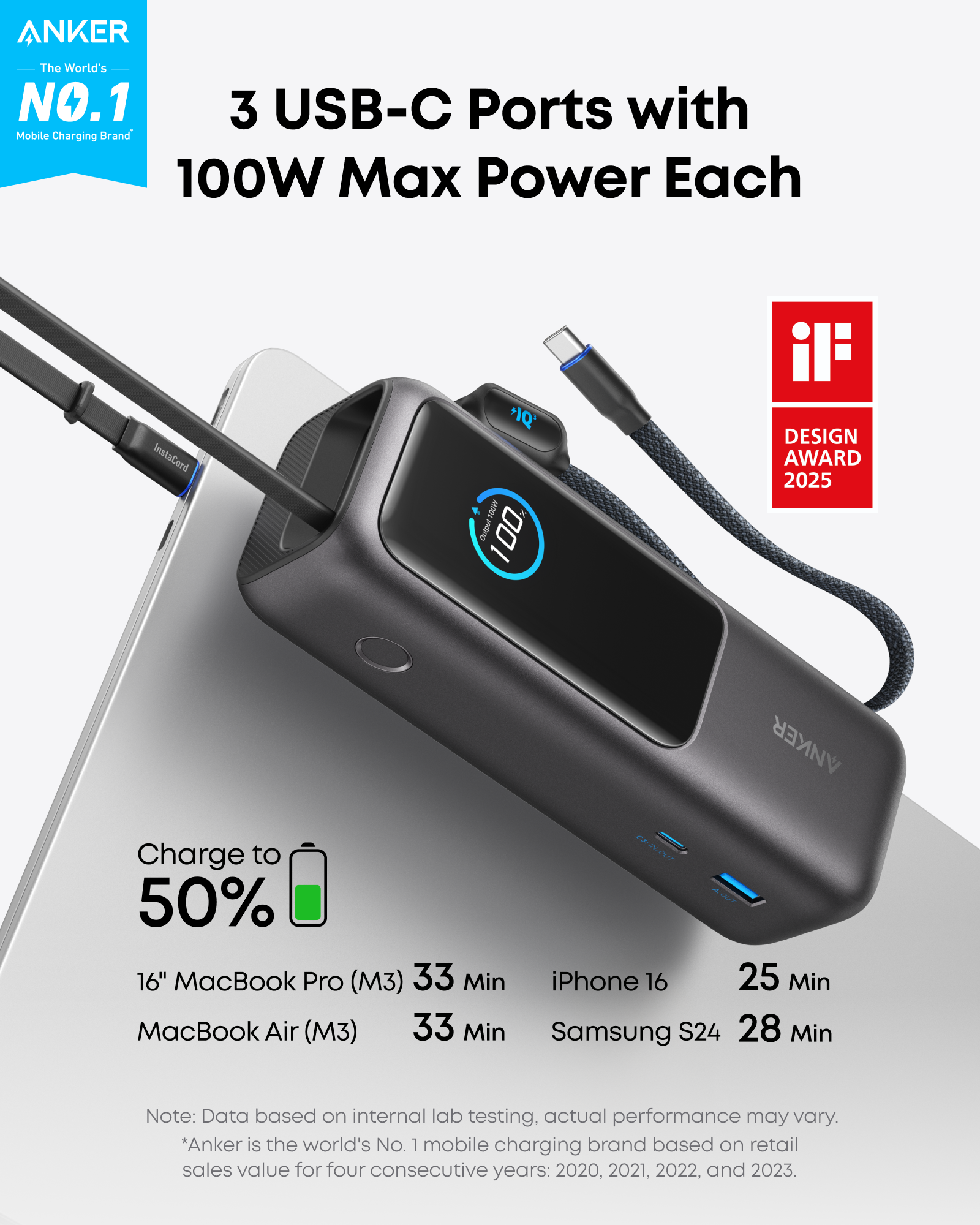 Anker Laptop Power Bank (25K, 165W, Built-In and Retractable Cables) and Anker USB-C to USB-C Cable (6 ft, 240W, Upcycled-Braided)