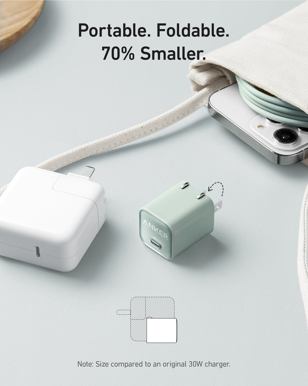 Anker small green charger with foldable plug for portability, Anker