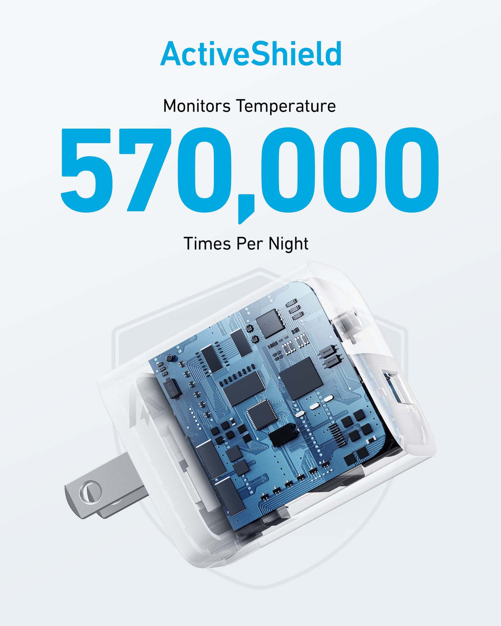 ActiveShield circuit board with Anker monitoring temperature for safety