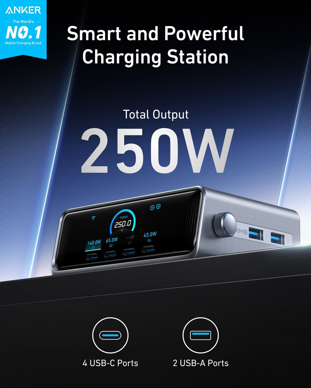 Anker smart charging station with total output 250W, 4 USB-C ports