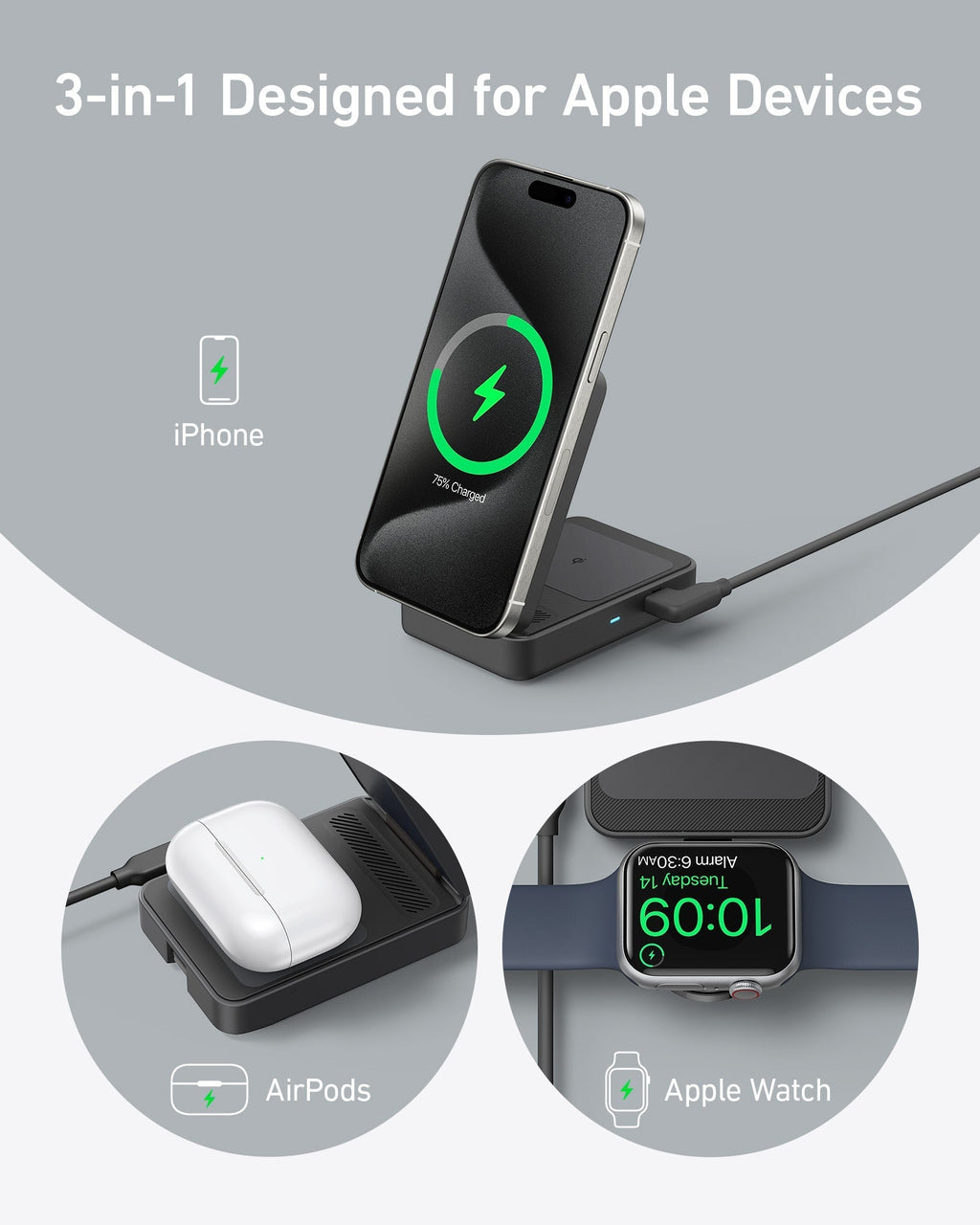 Refurbished Anker MagGo Wireless Charging Station (Foldable 3-in-1)
