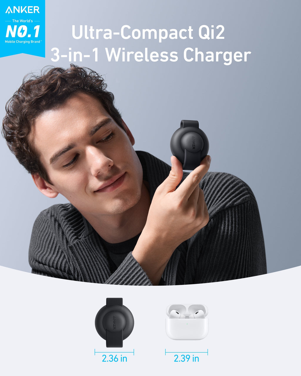 Anker compact charger with black band for Qi2
