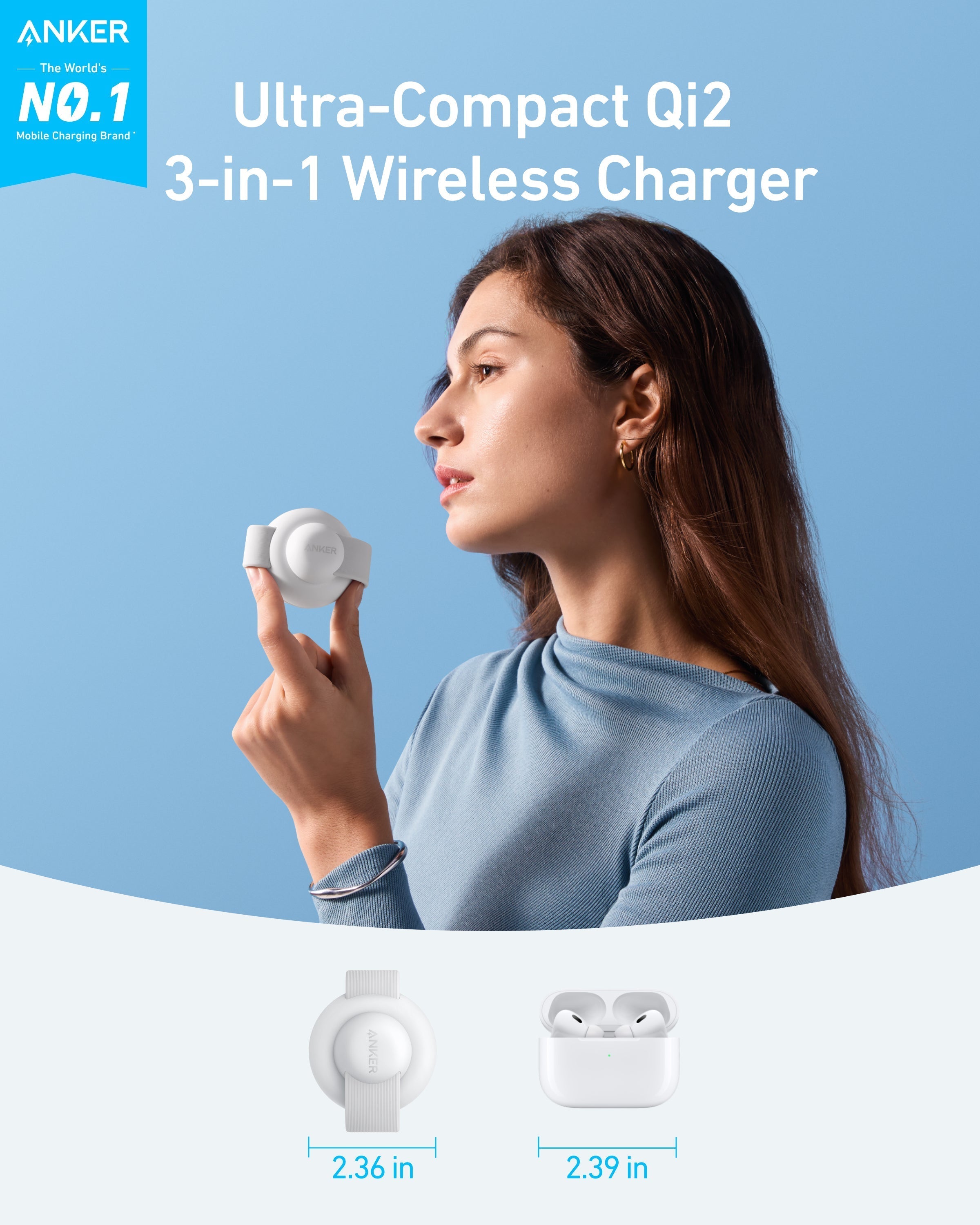 Anker ultra-compact Qi2 3-in-1 wireless charger with white color and small size