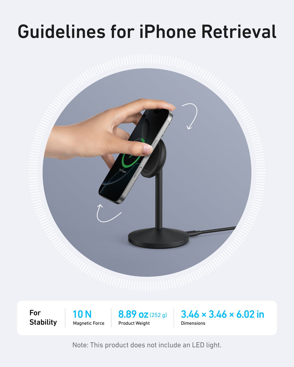 Anker iPhone stand with magnetic force for easy retrieval.