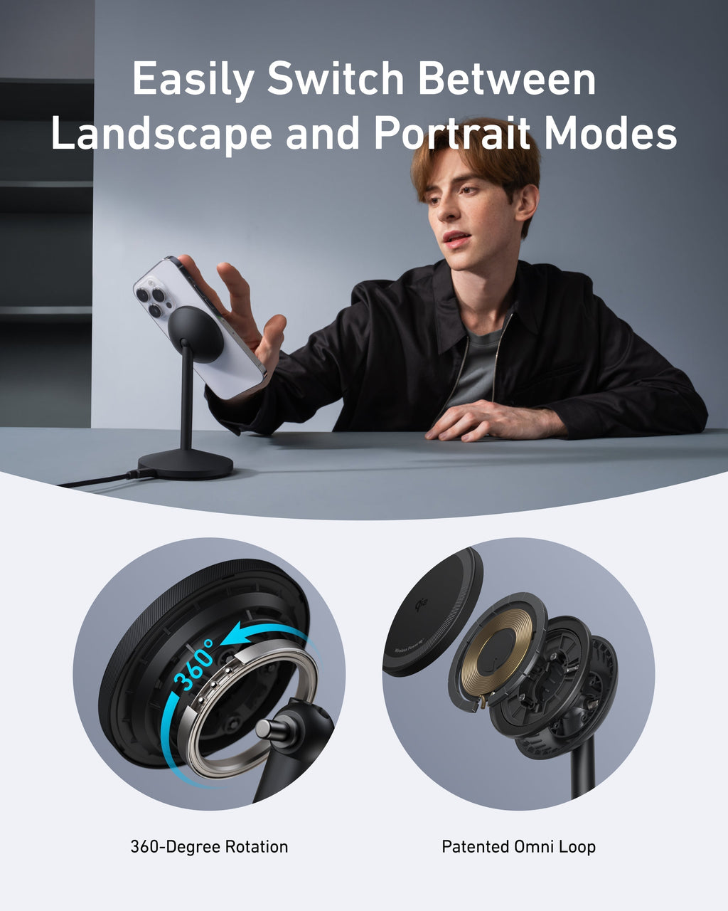 Anker stand with 360-degree rotation and patented Omni Loop for flexible phone use