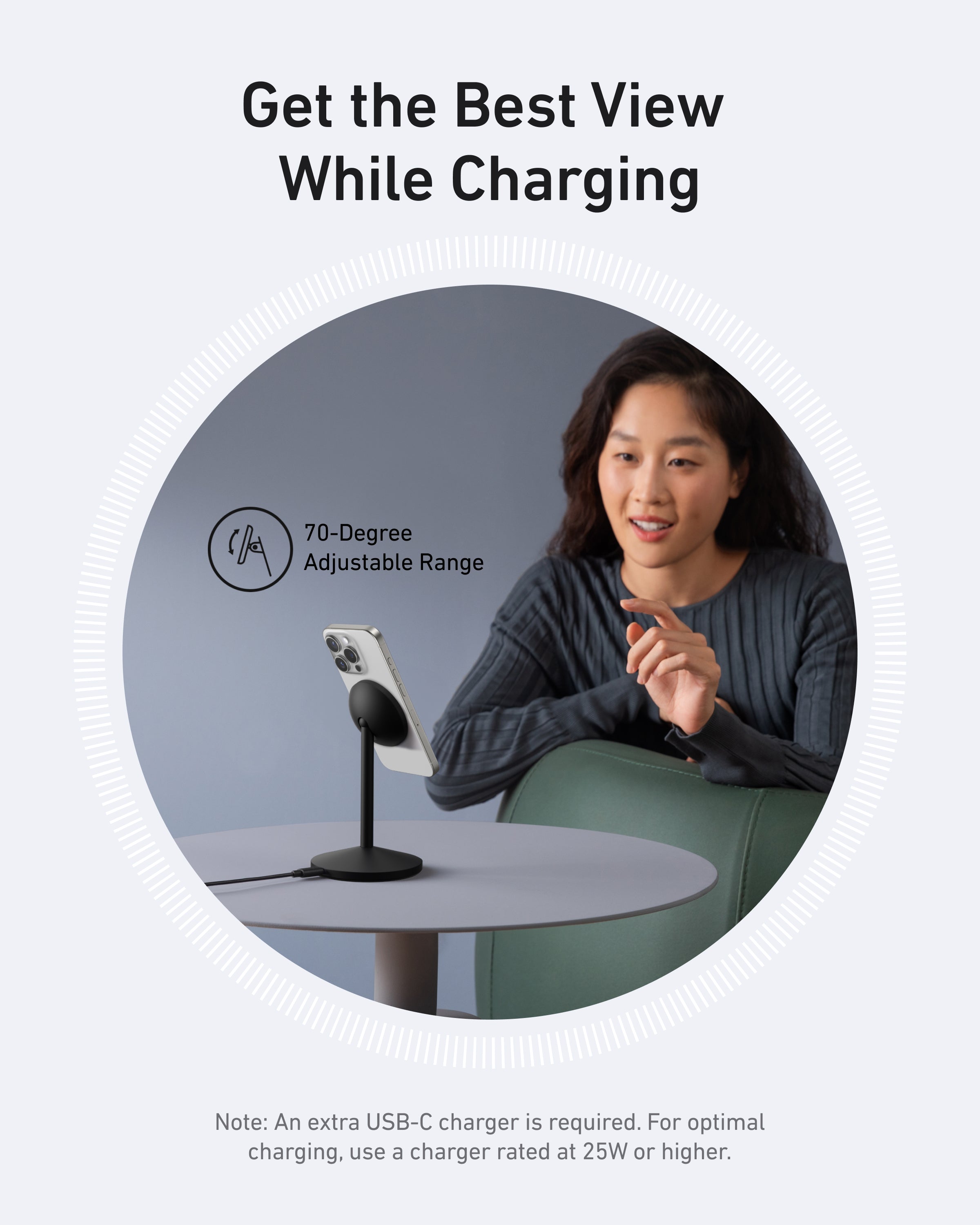 Anker charging stand for iPhone with 70-degree adjustable angle.