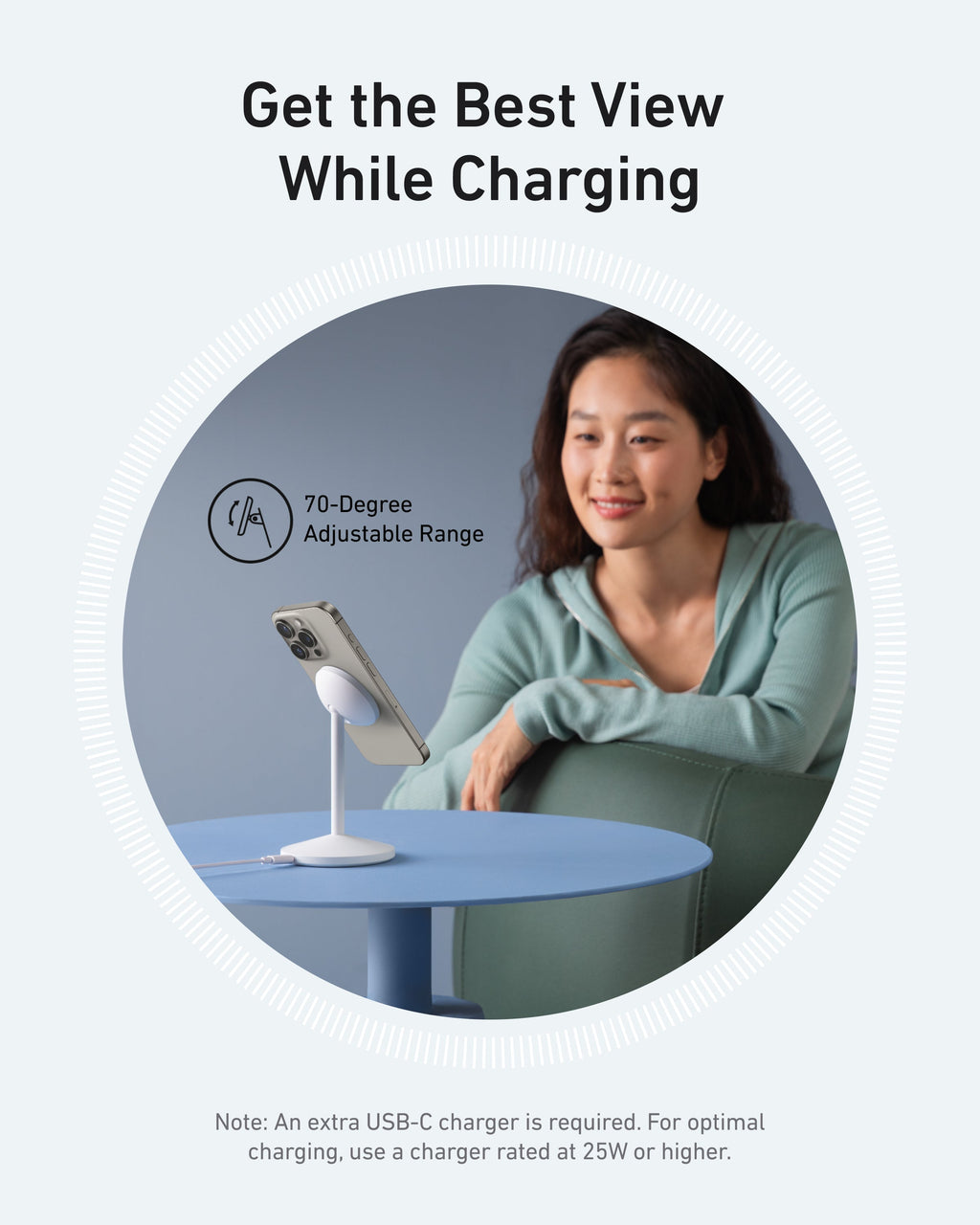 Anker stand with 70-degree adjustable range for flexible charging