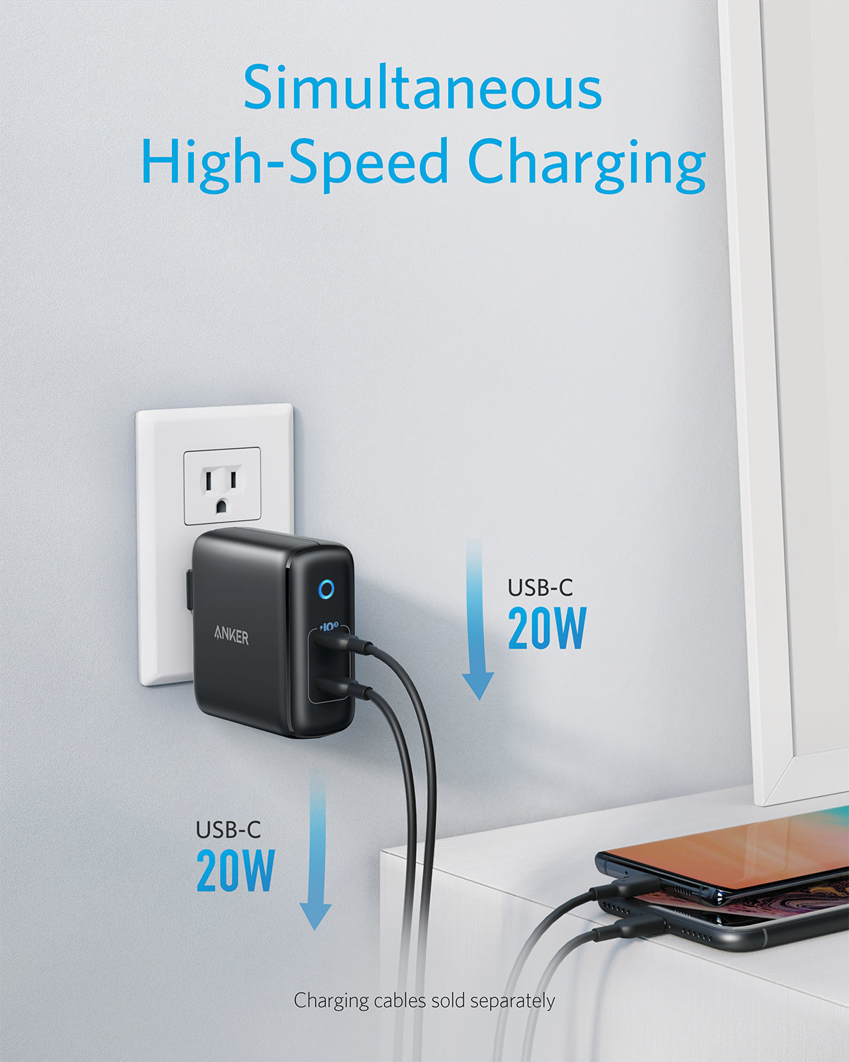Anker charger with dual USB-C 20W ports for simultaneous charging