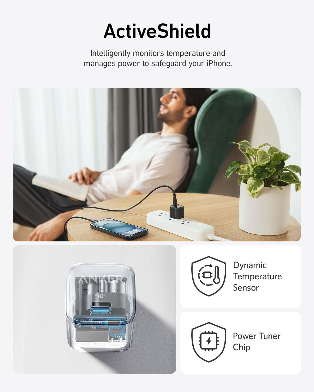 Anker charger used for iPhone with plant for ActiveShield