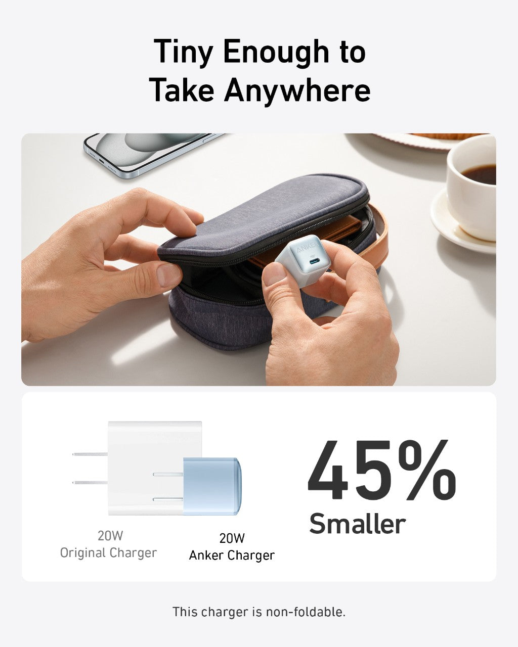 Tiny Anker charger with compact bag for portability