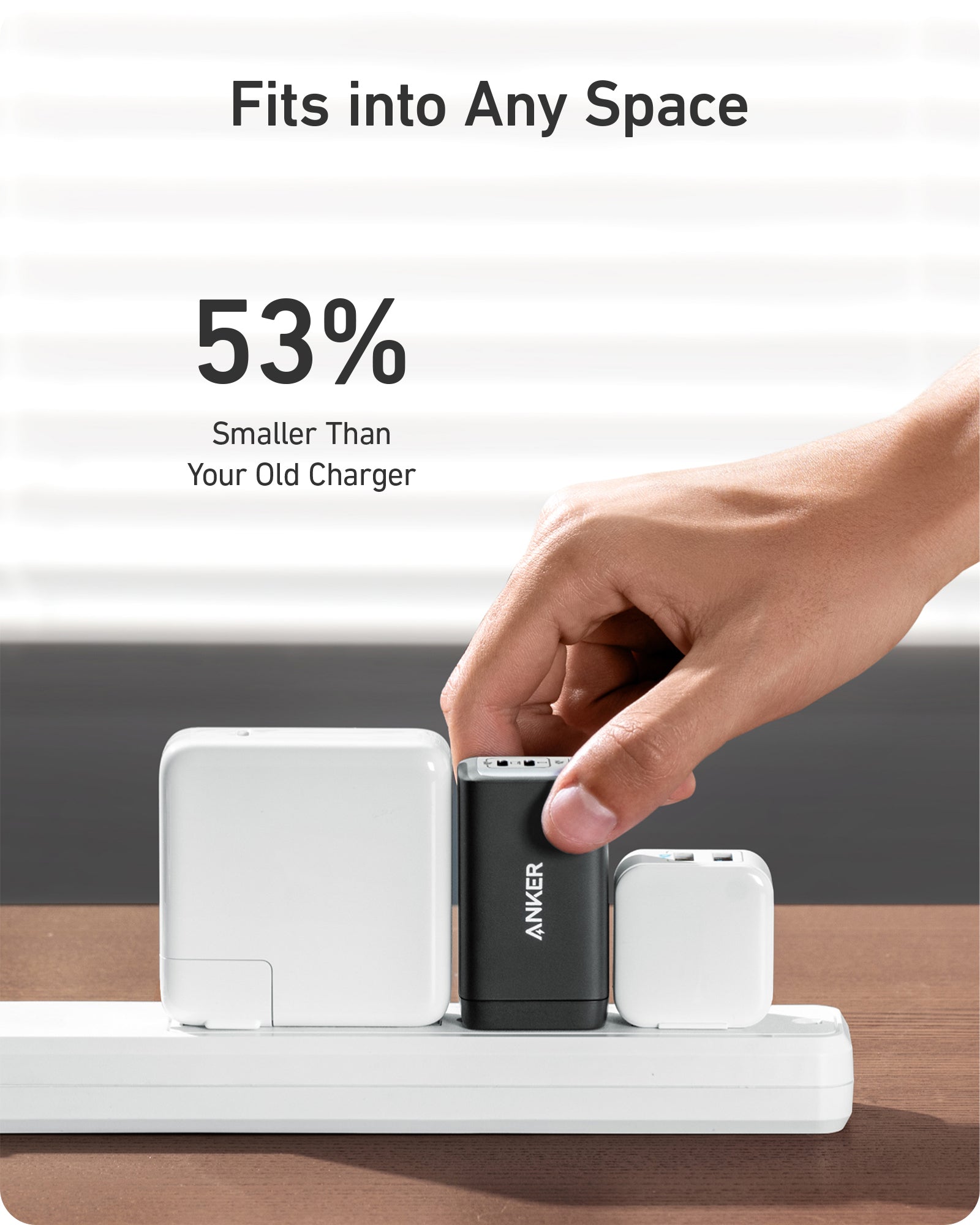 Anker charger fits between other chargers for compact size.
