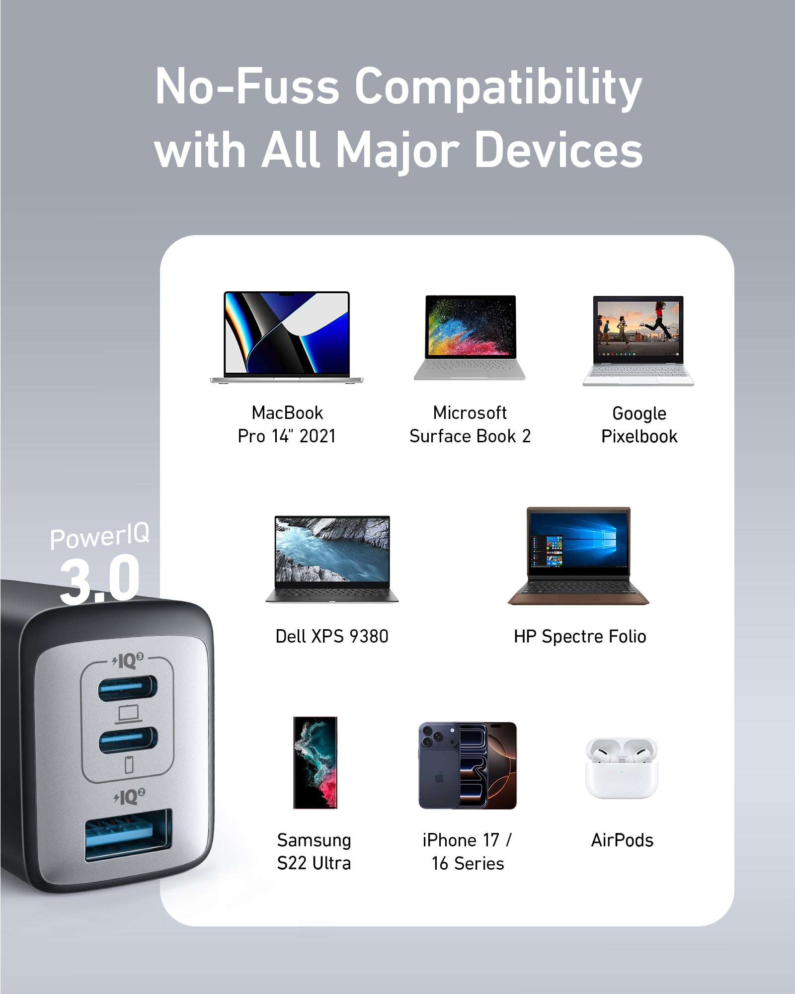 Anker PowerIQ 3.0 charger for MacBook, Pixelbook, iPhone, AirPods