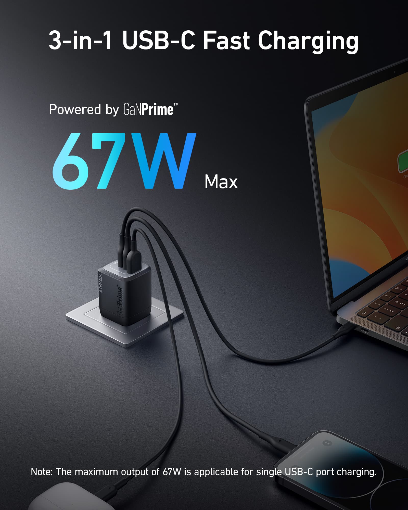 Anker GaNPrime charger with 3-in-1 fast charging and 67W max power