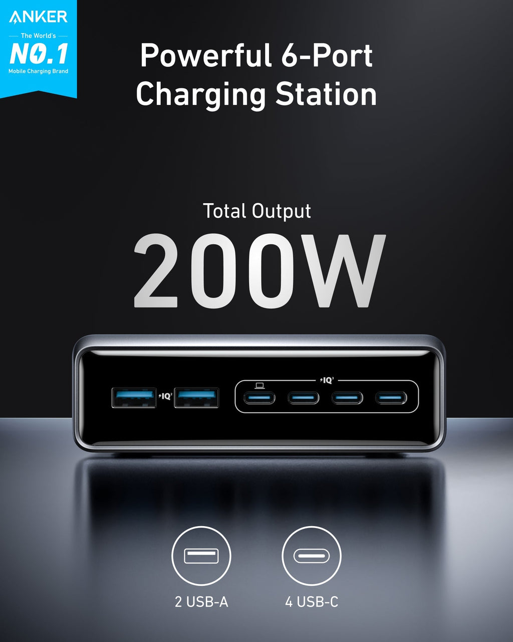 Anker 200W charging station with 6 ports for phone