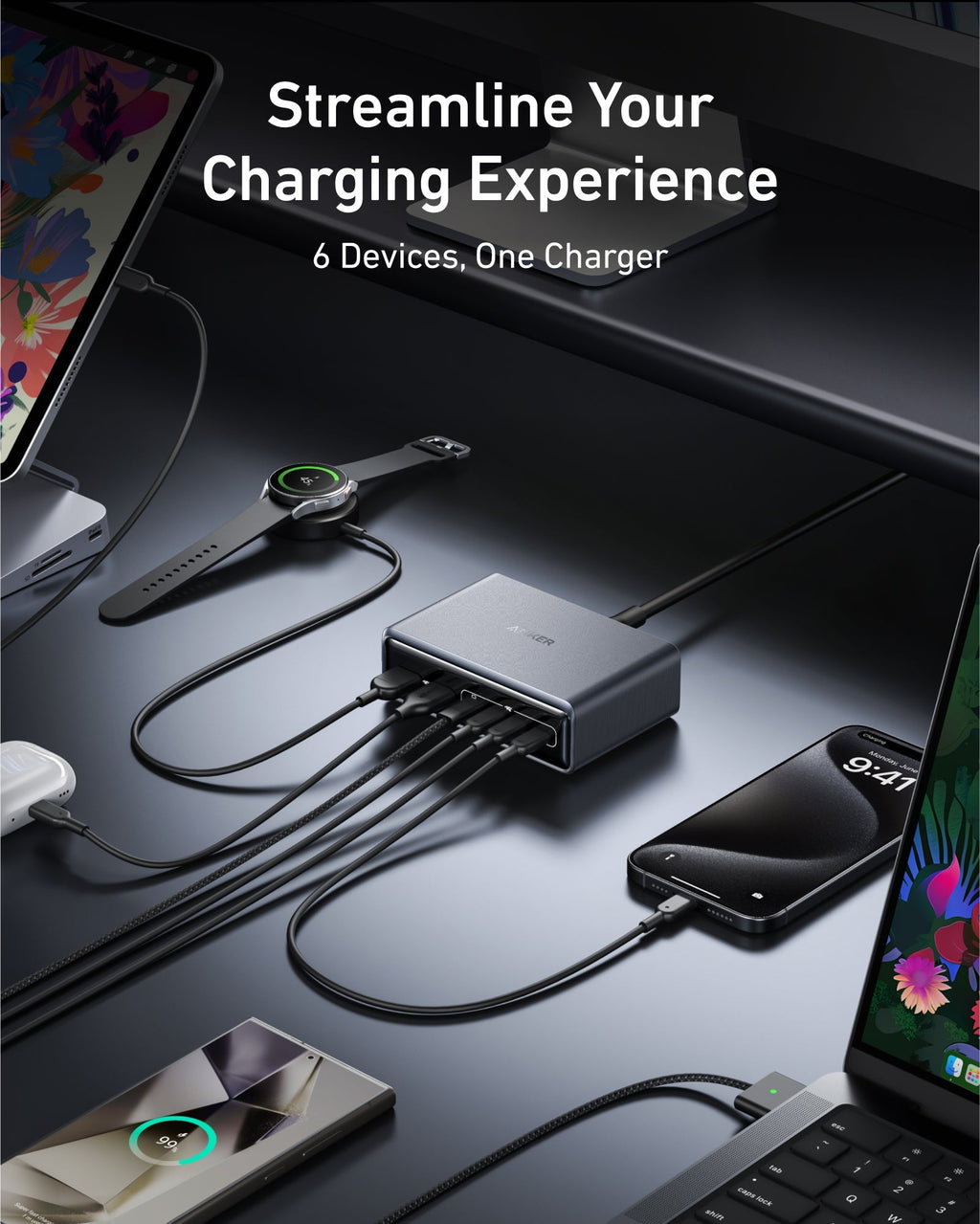 Anker charger powering six devices for streamlined charging