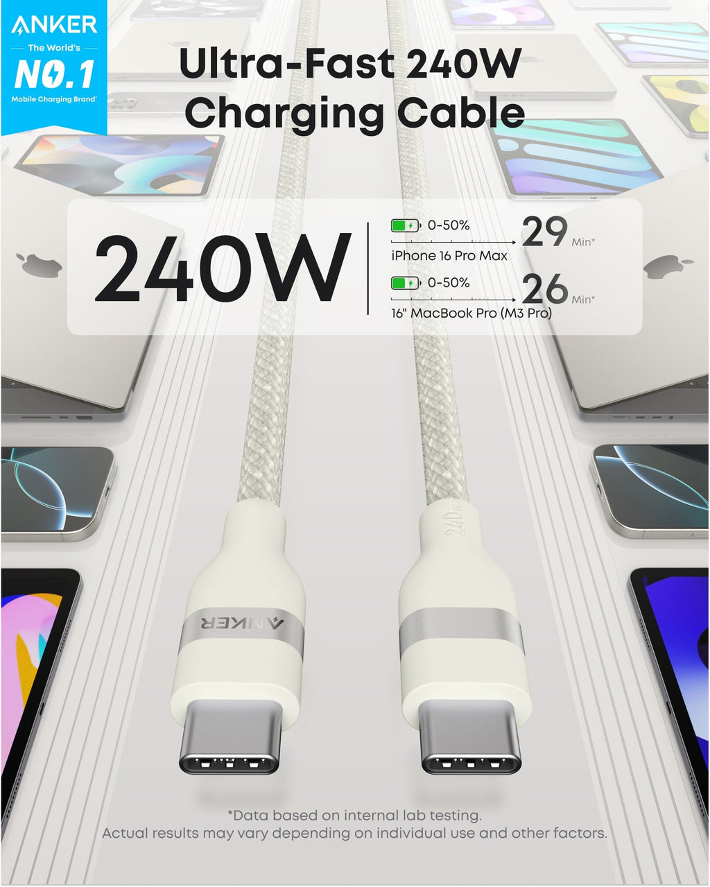 Anker Laptop Power Bank (25K, 165W, Built-In and Retractable Cables) and Anker USB-C to USB-C Cable (6 ft, 240W, Upcycled-Braided)
