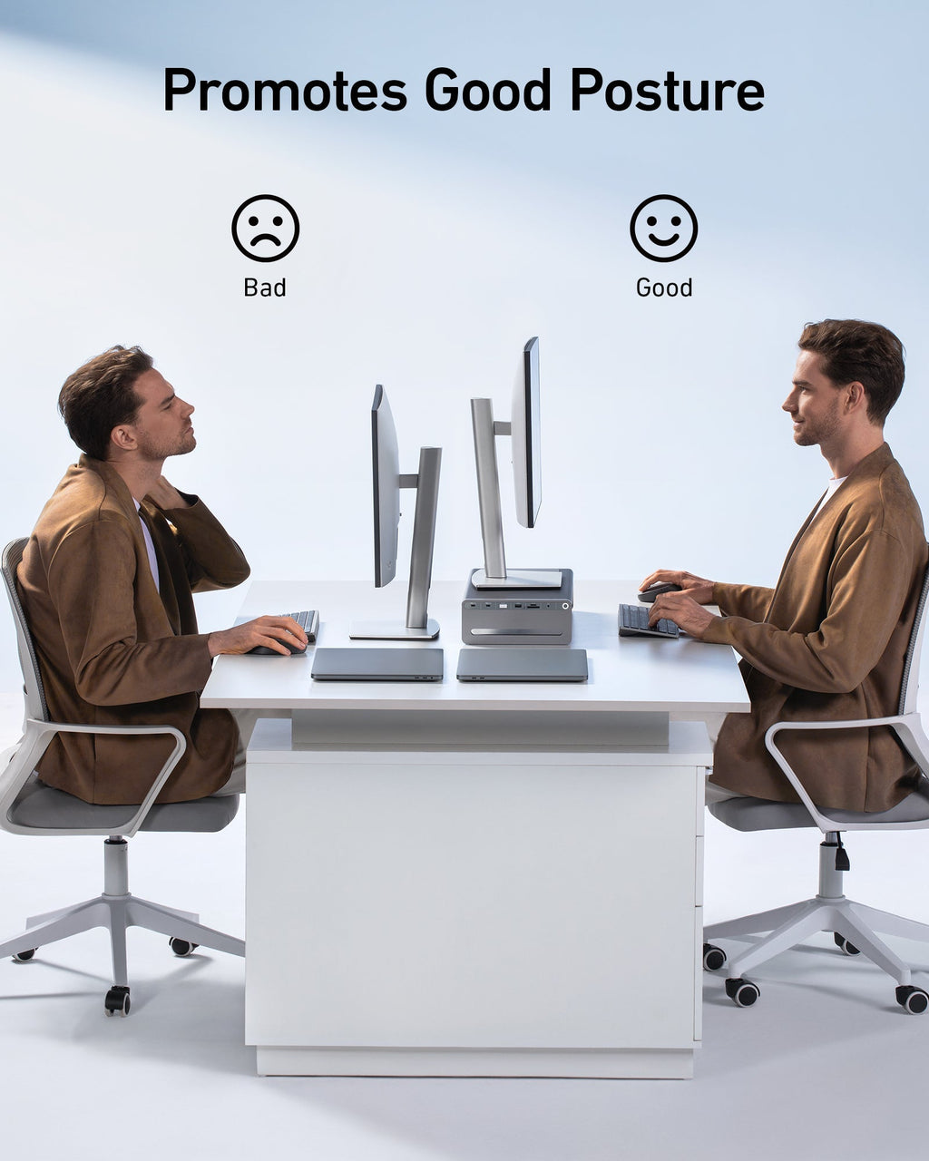 Anker ergonomic desk setup with bad and good posture comparison.