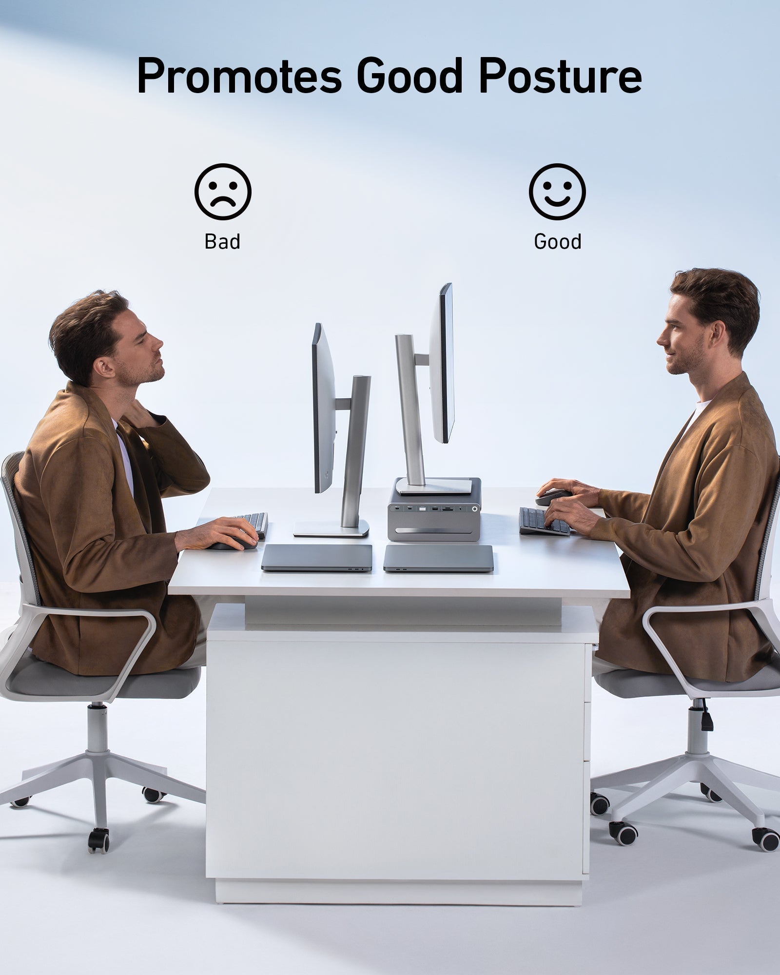 Anker ergonomic desk setup with bad and good posture comparison.
