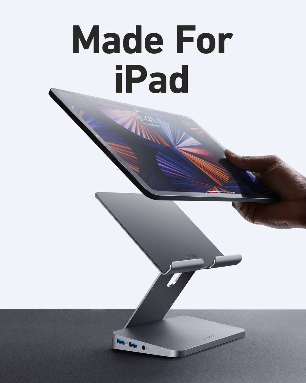 Anker with adjustable stand for iPad featuring USB ports