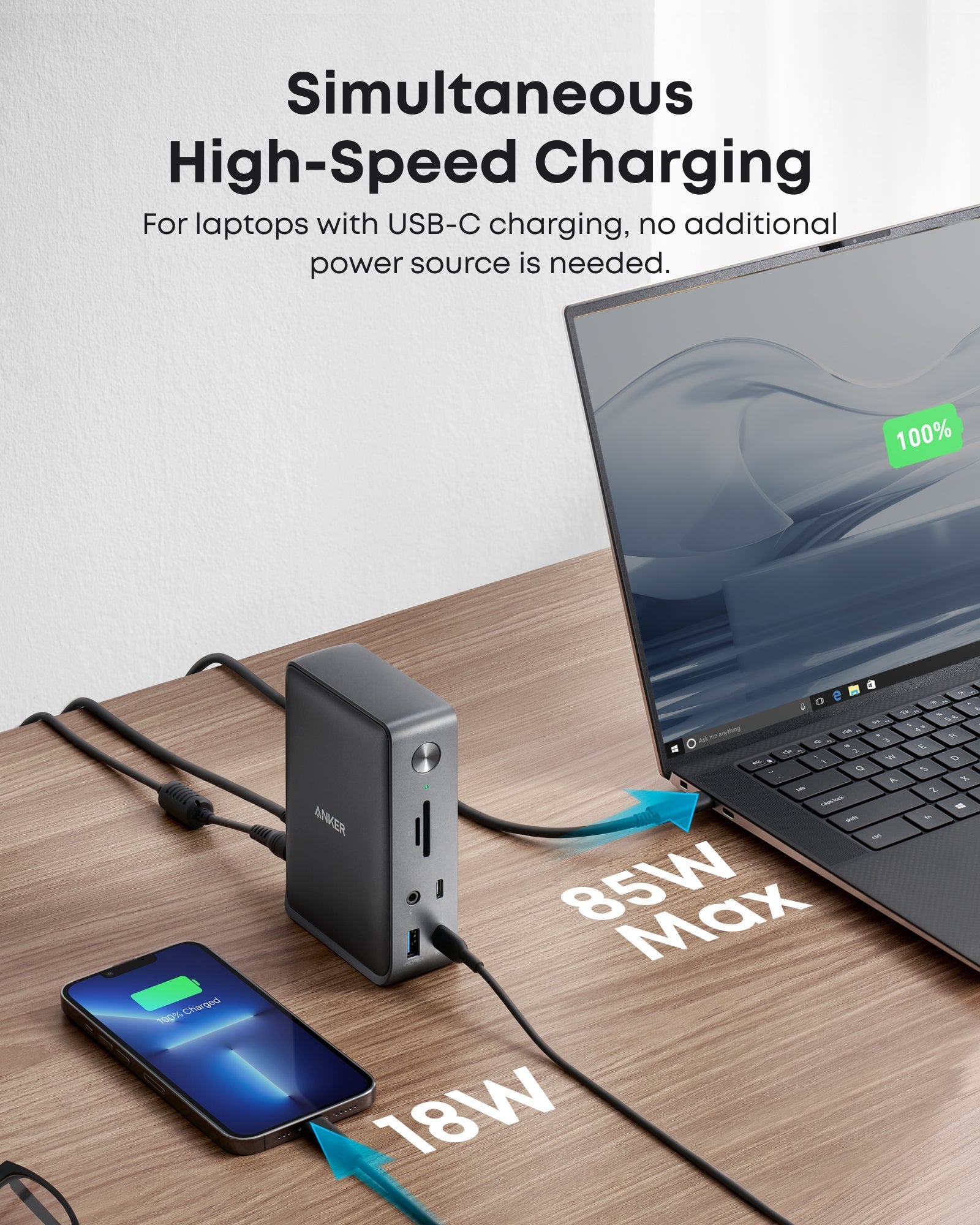 Anker with simultaneous high-speed charging for laptop and phone