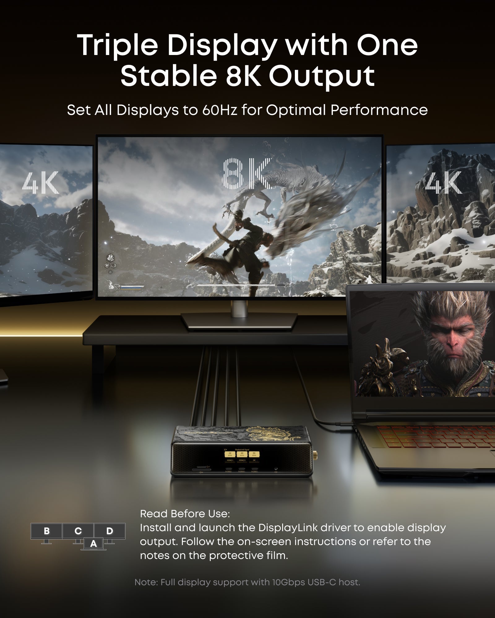 Anker docking station for triple 8K output with three screens displaying gaming scene