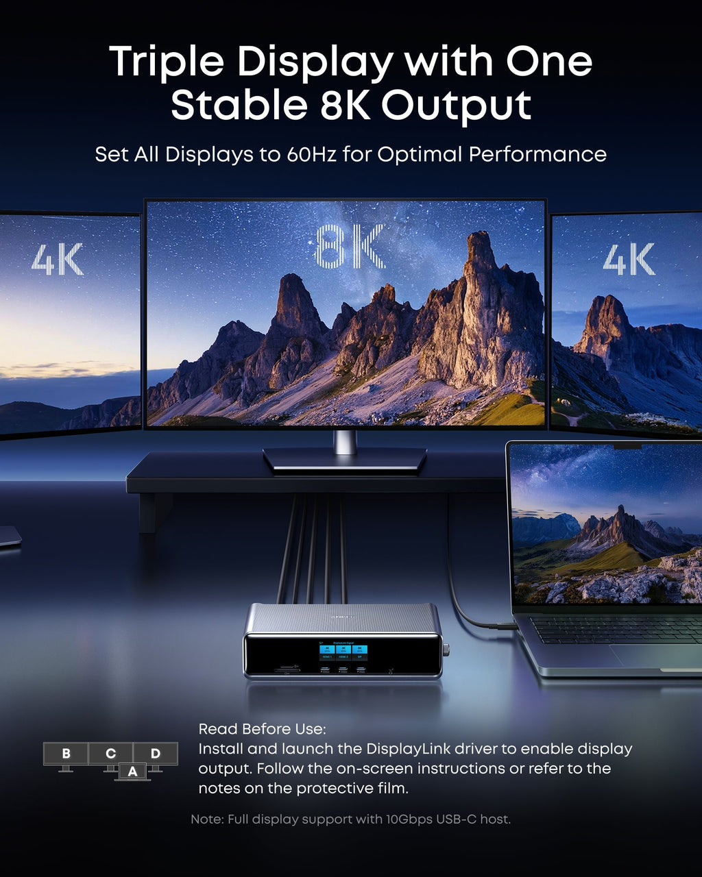 Anker with triple displays showing stable 8K and 4K output