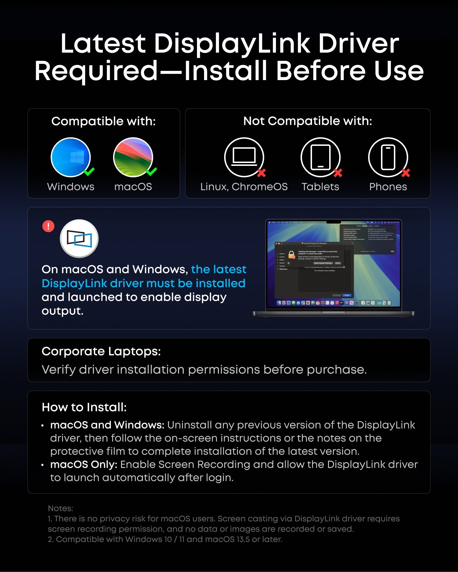 Anker with DisplayLink driver installation steps for Windows/macOS