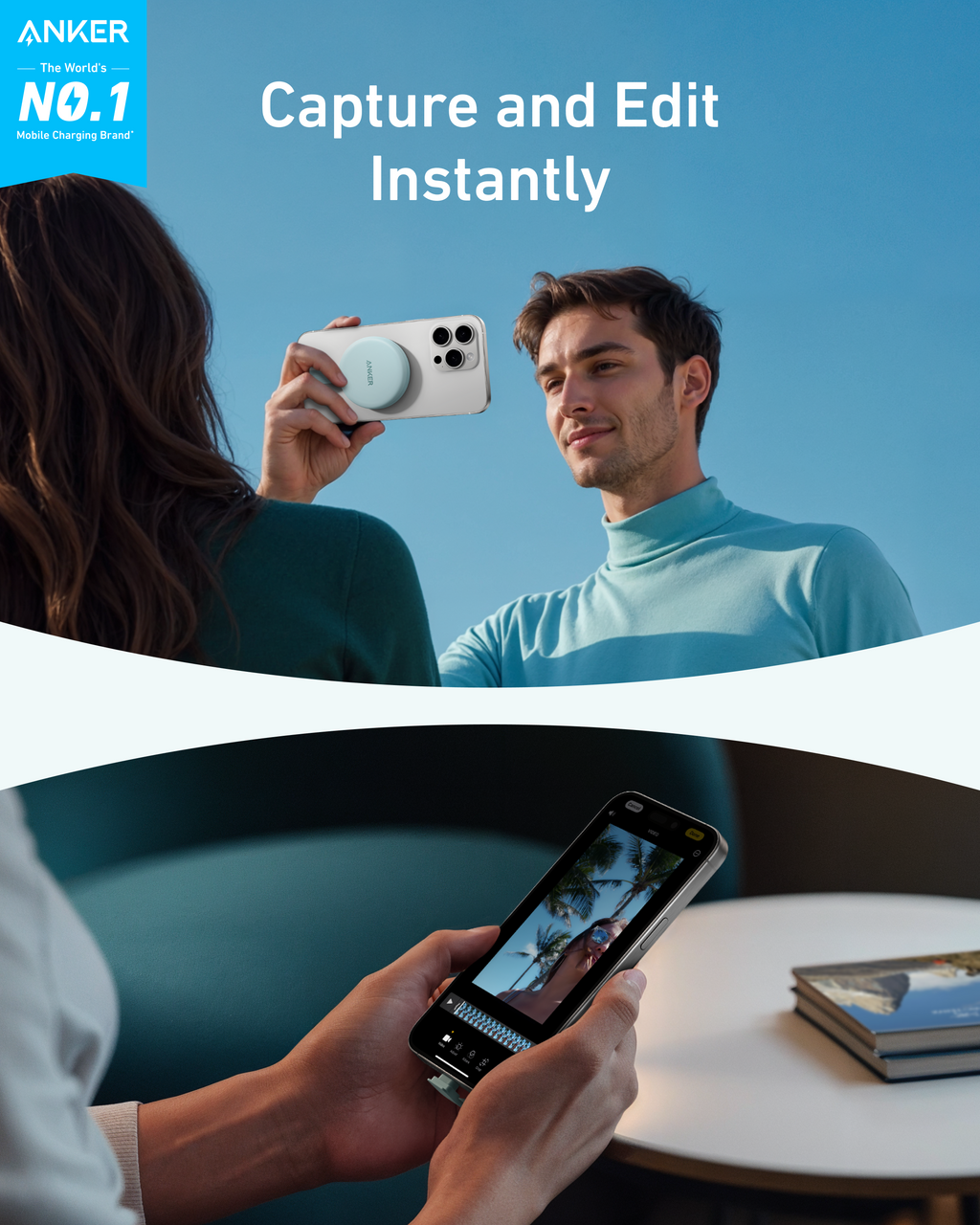 Anker with smartphone holder for instant photo capture