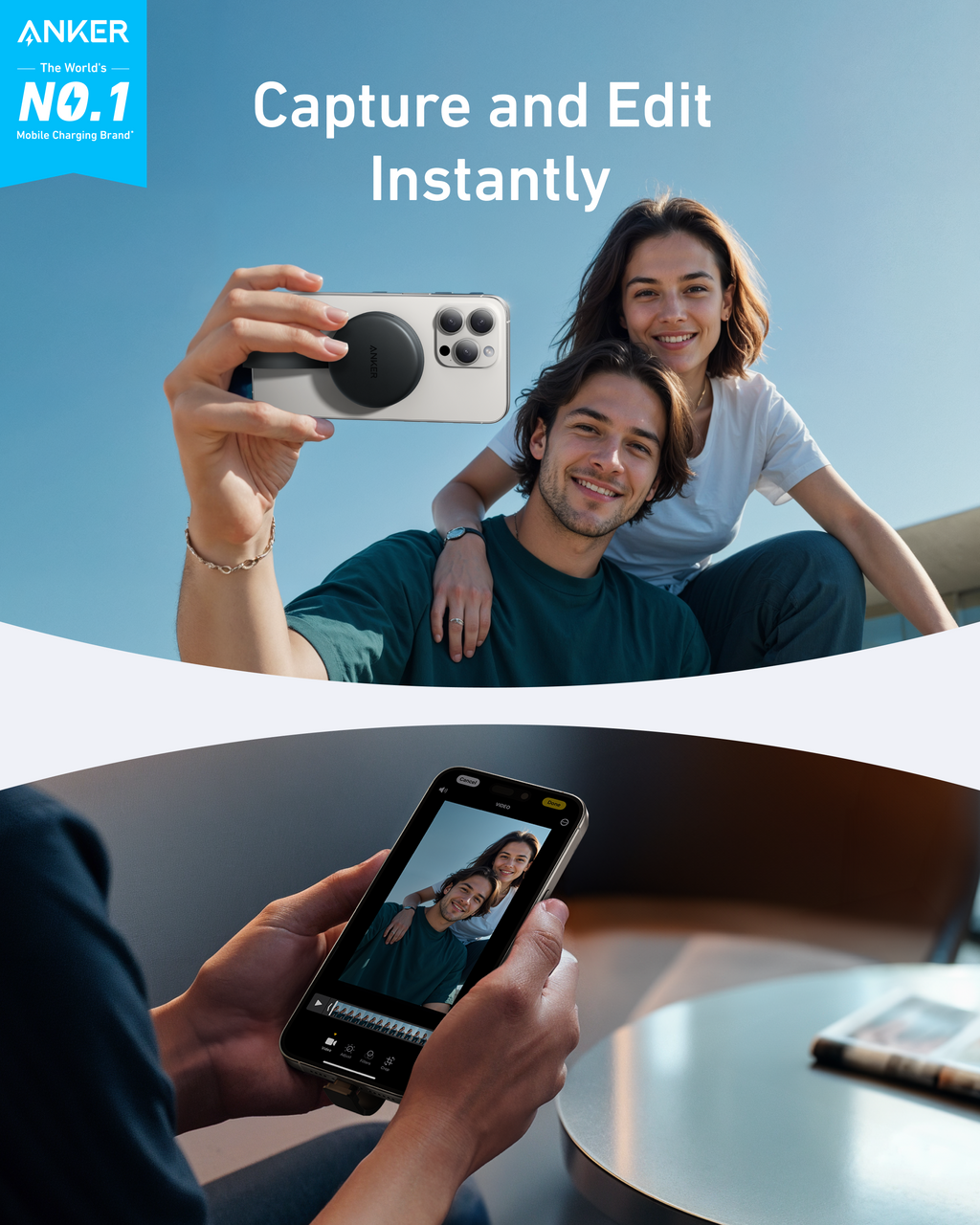 Anker with phone grip for instant capture and editing