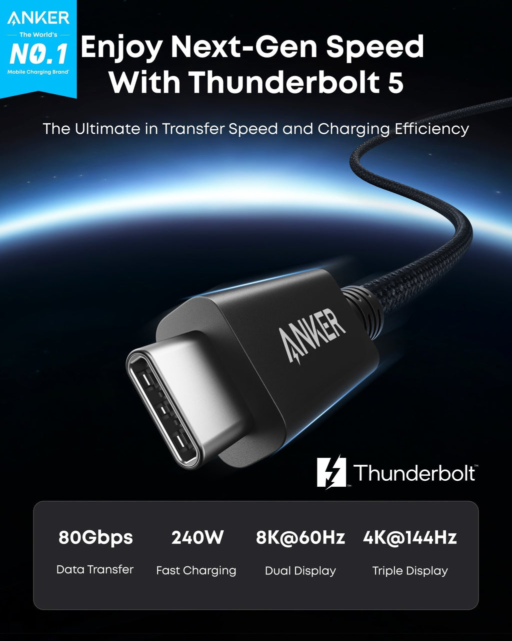 Anker Thunderbolt 5 cable with 80Gbps transfer speed for next-gen devices