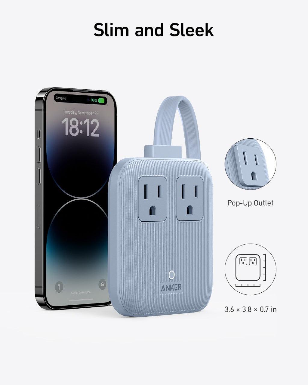 Anker with slim design and pop-up outlet for phone charging
