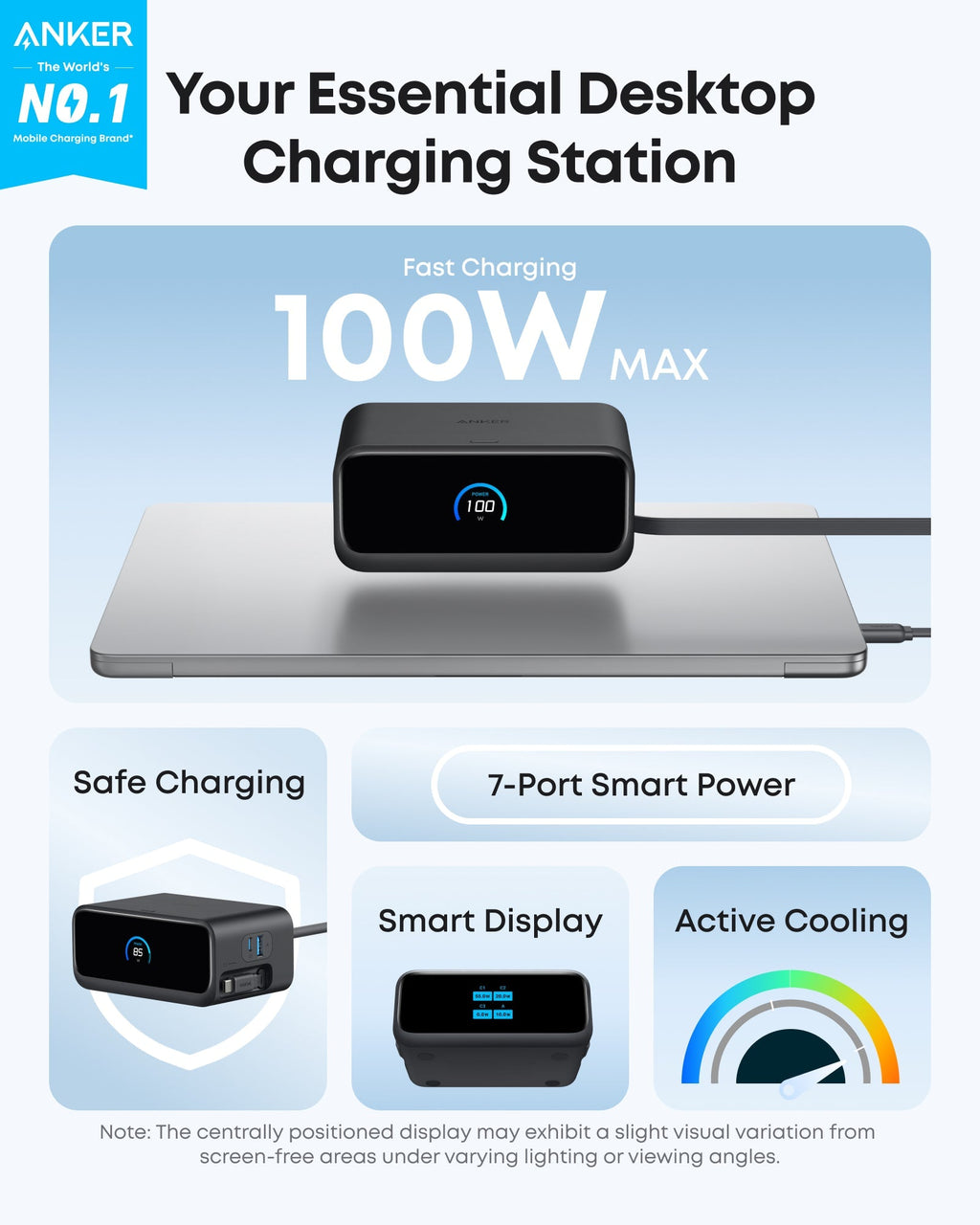 Anker desktop charging station for safe charging and smart display with active cooling
