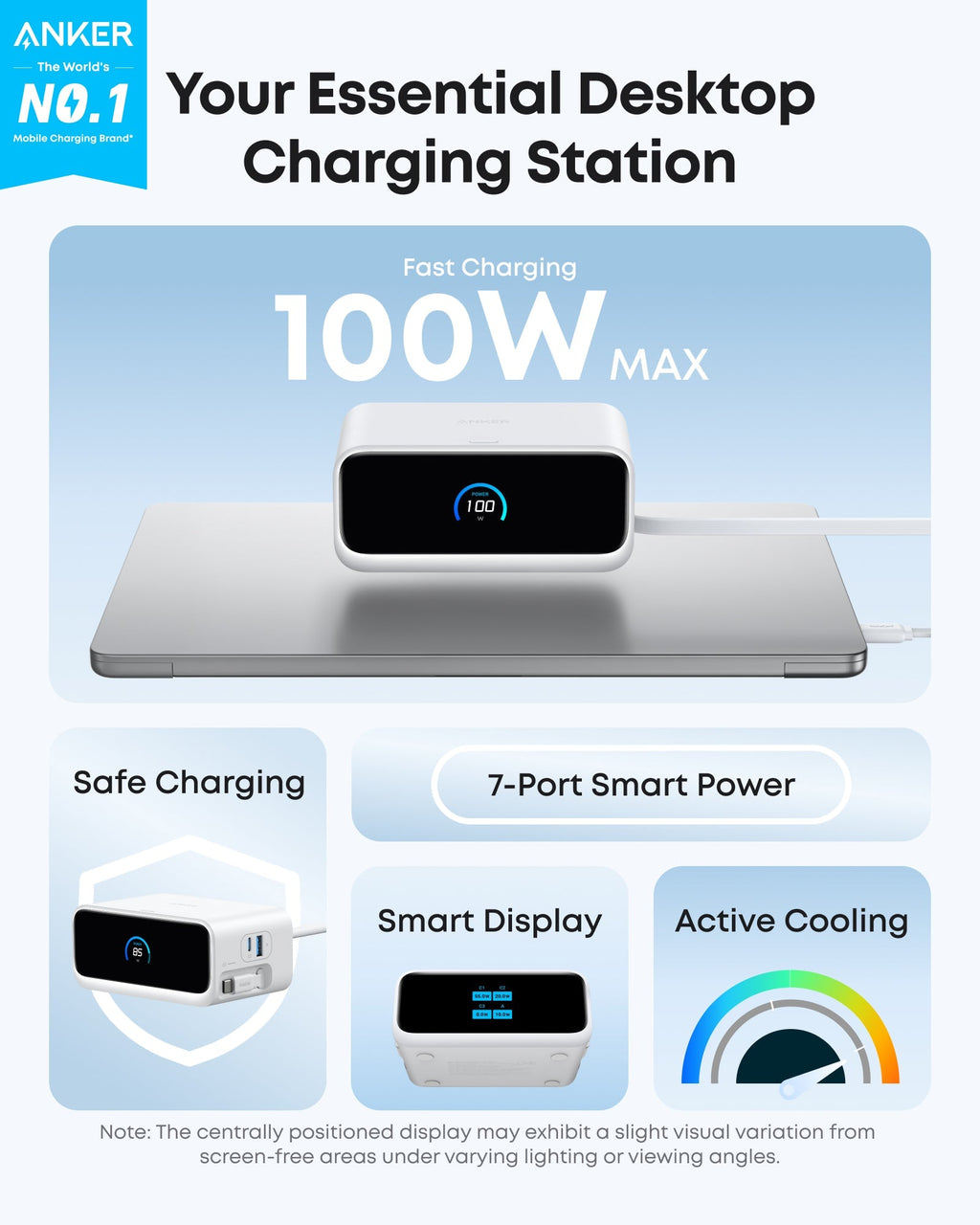 Anker charging station with 100W fast charging for laptop, safe charging, smart display, and active cooling.