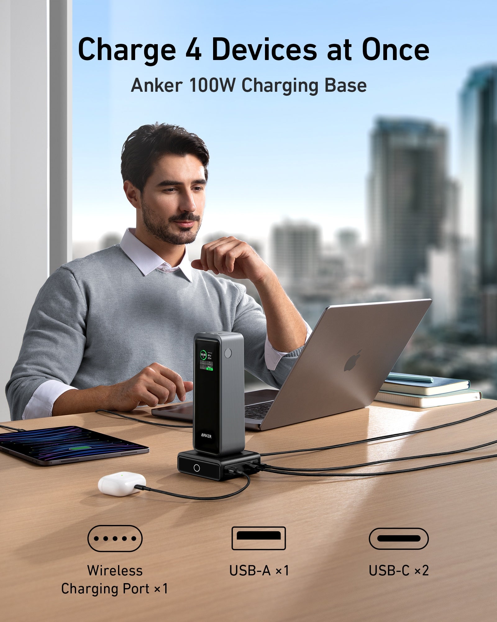 Anker charging base with laptop for 100W multi-device charging