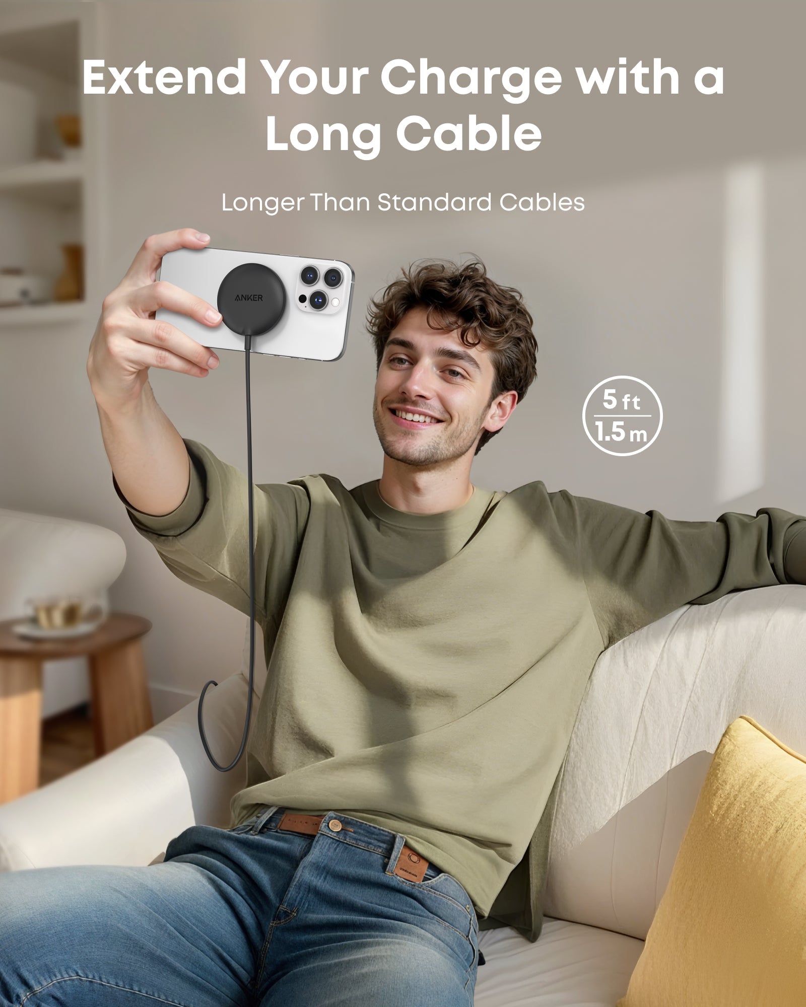 Anker long cable with wireless charger for iPhone use on sofa