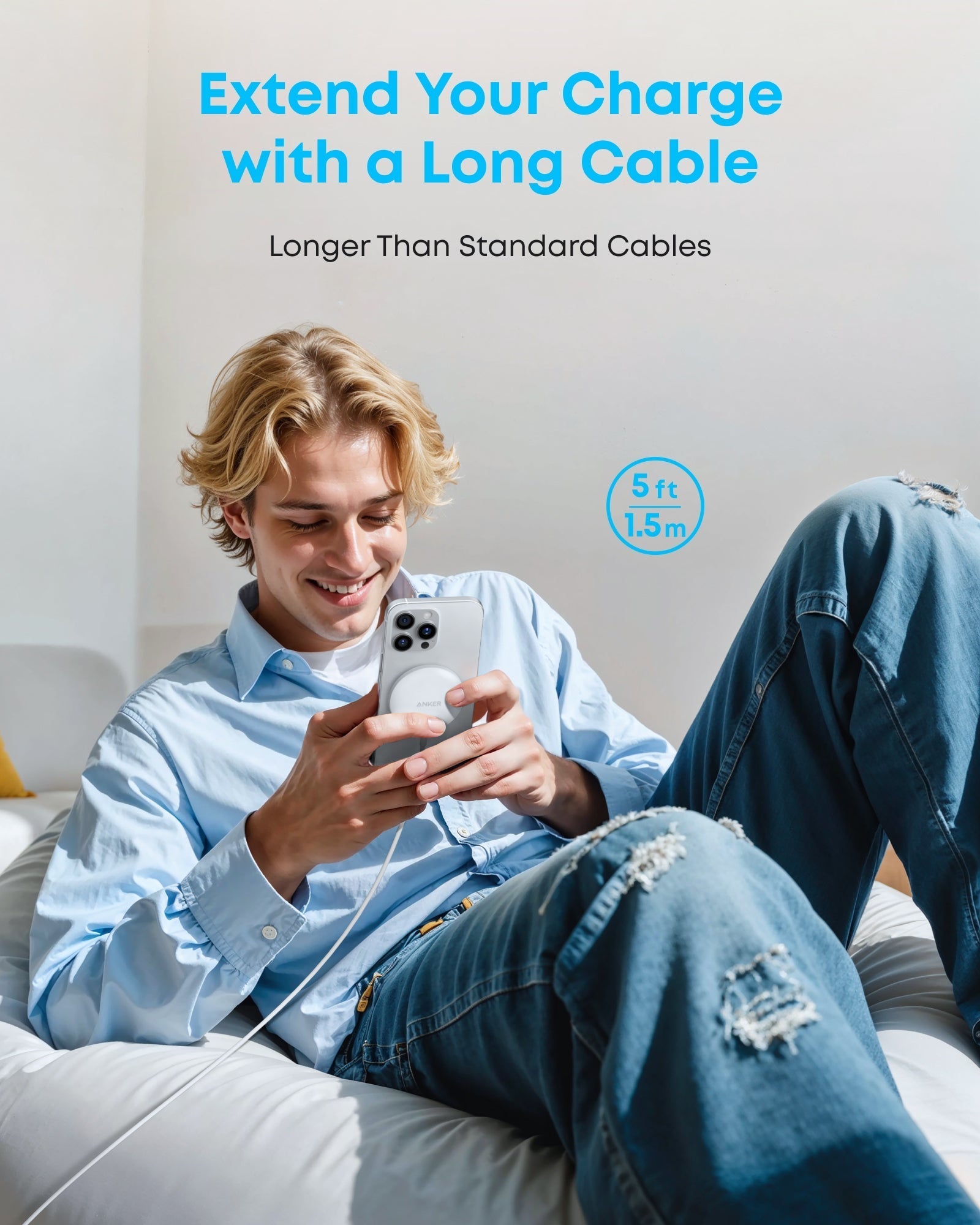Anker long cable for phone charging with relaxed pose