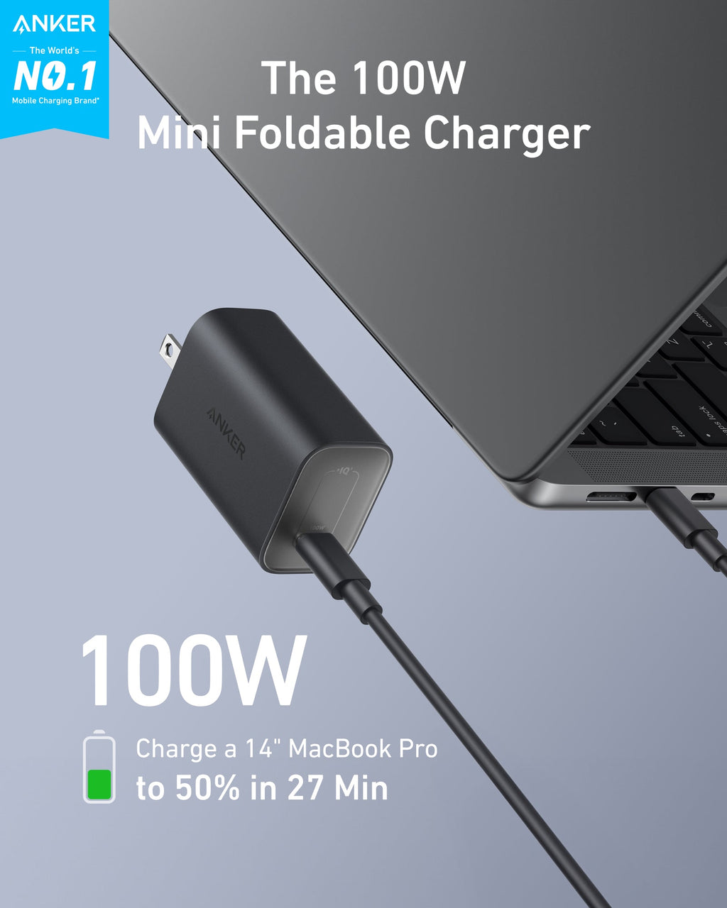 Anker 100W charger powering laptop with quick charge for 14'' MacBook Pro