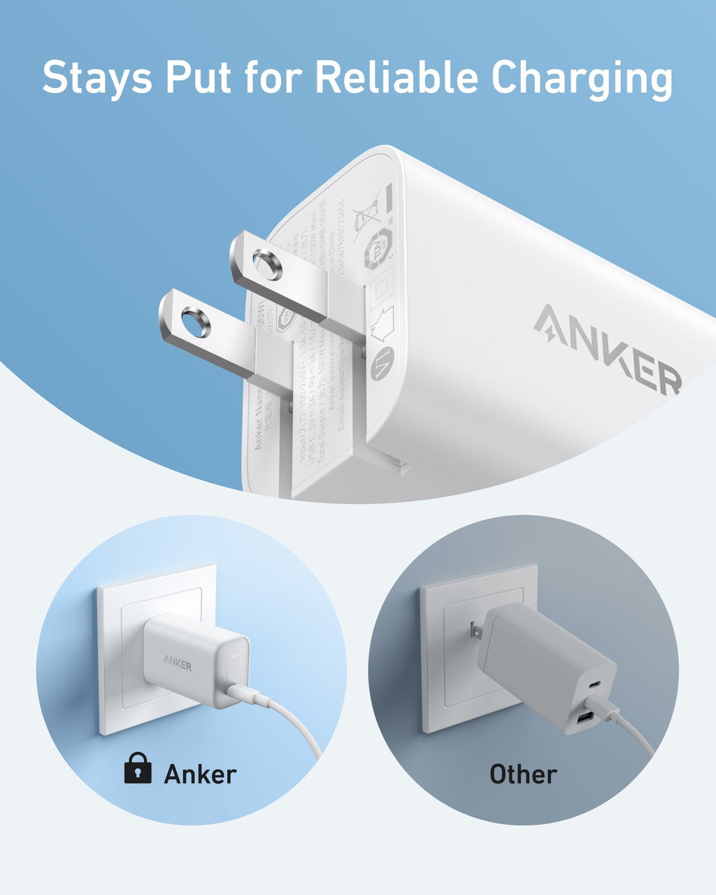 Anker charger with stable plug for reliable charging.
