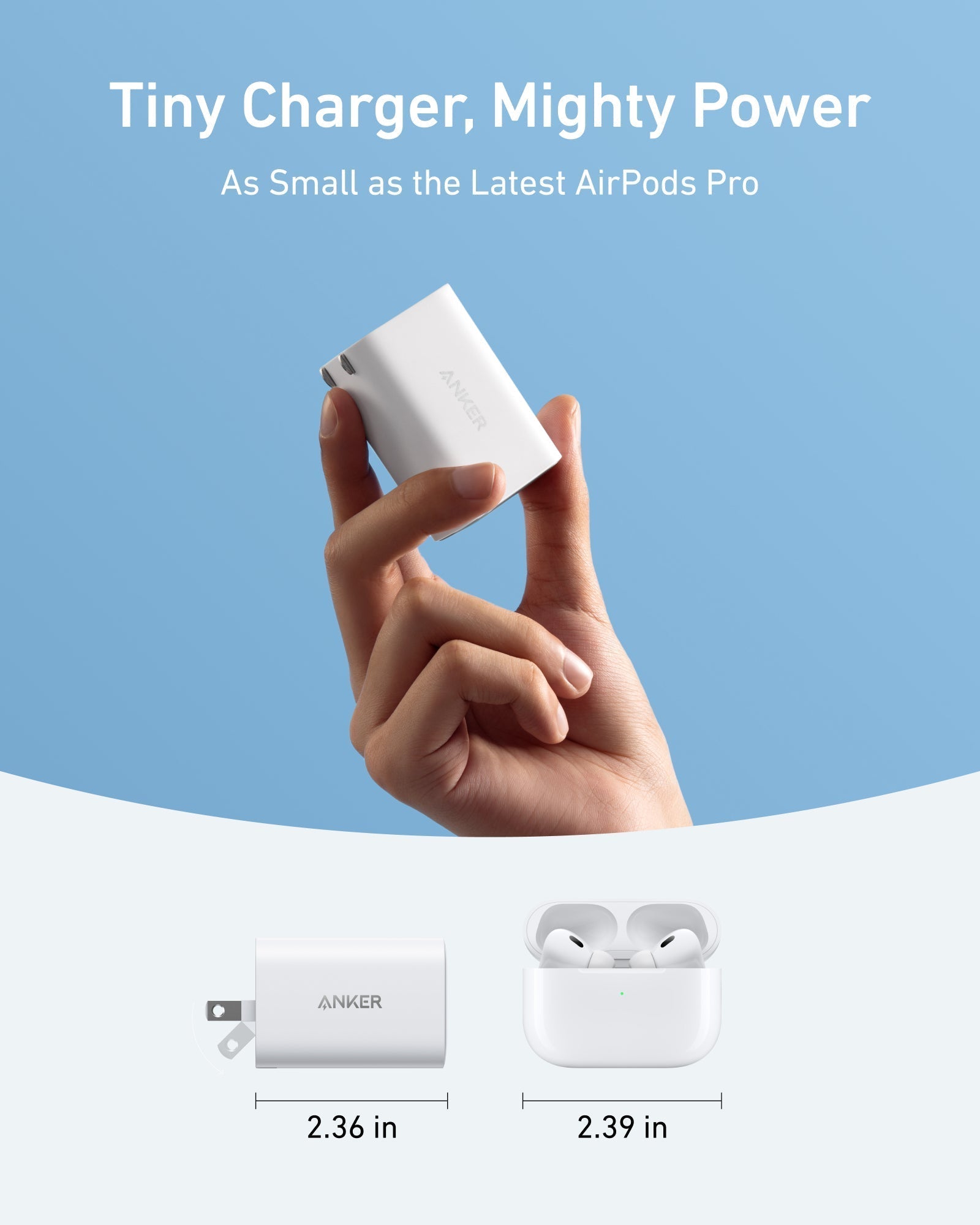 Anker with compact charger held in hand for tiny power