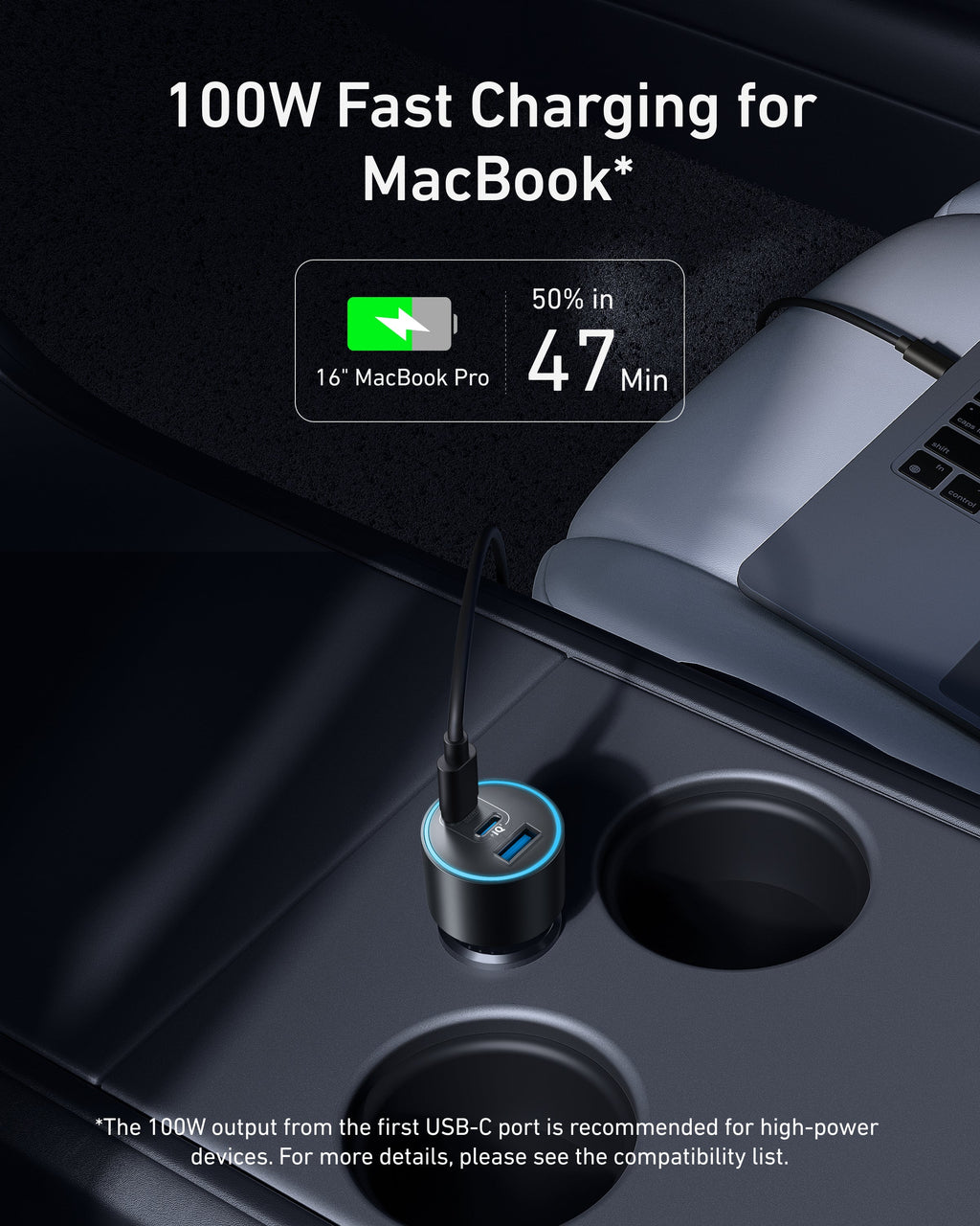 Anker charger for MacBook with 100W fast charging and USB-C port for car use