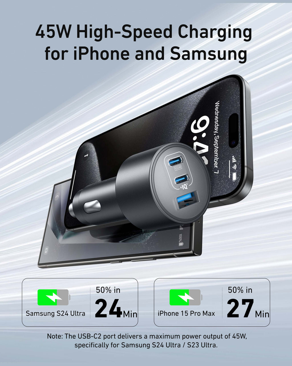 Anker car charger with 45W fast charging for Samsung S24 Ultra