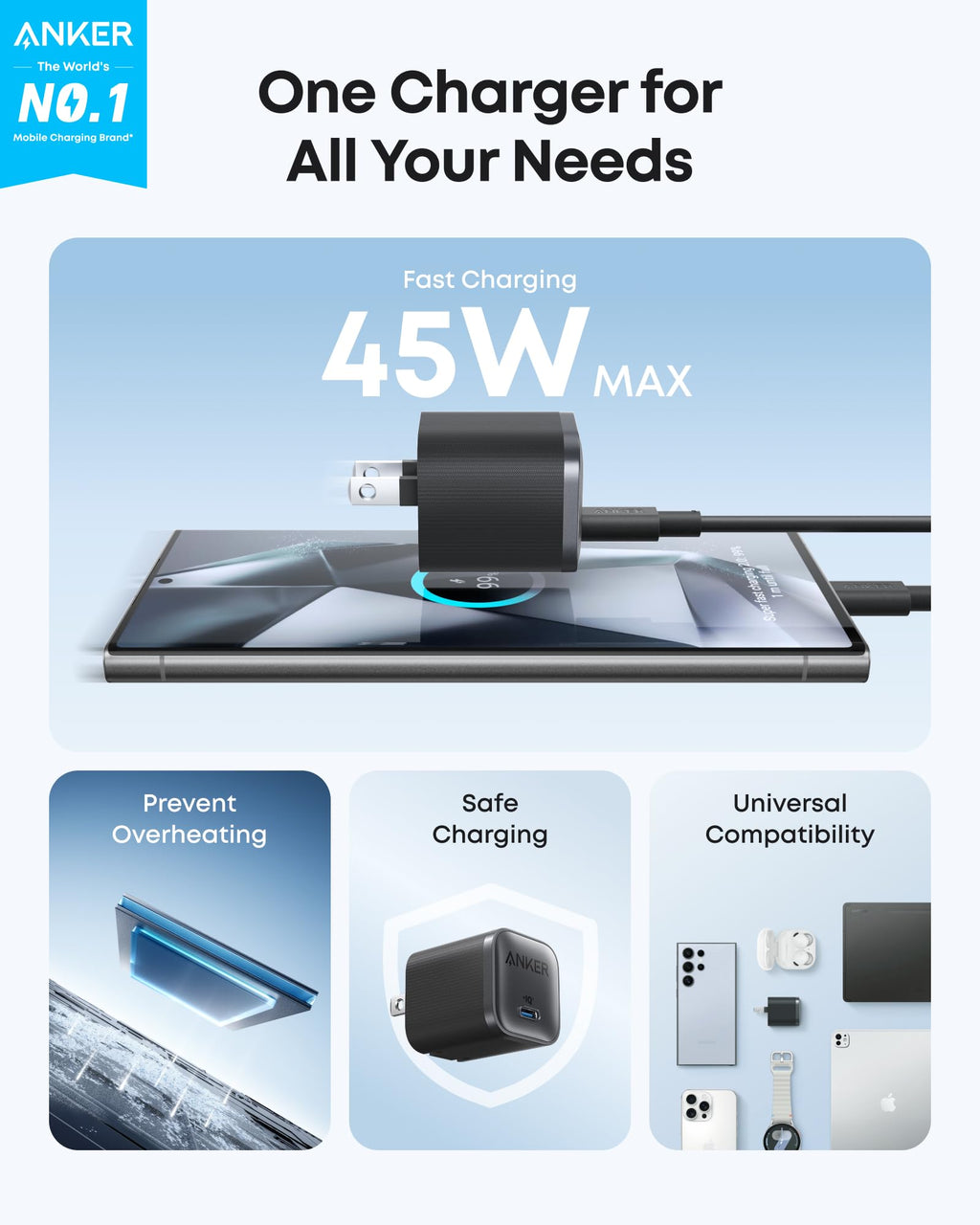 Anker charger with 45W max USB-C for fast charging