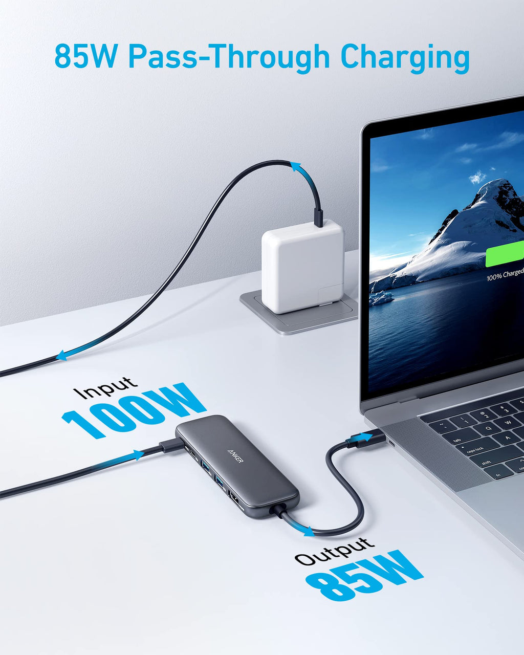 Anker hub with 100W input and 85W output for fast charging